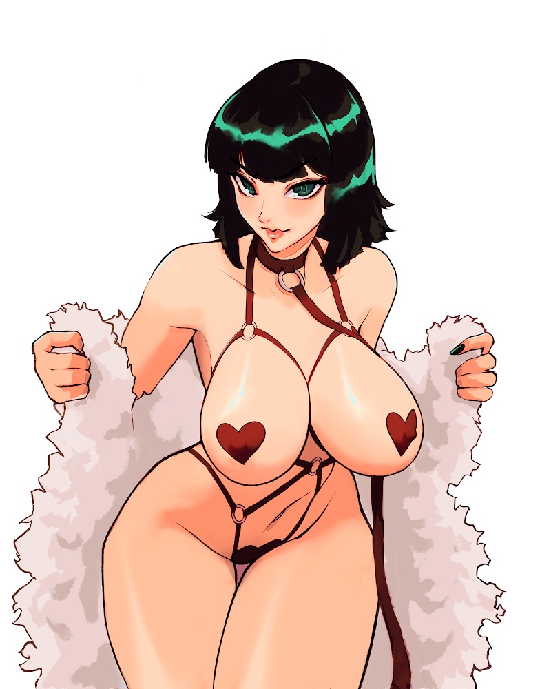 1girls, almost naked, armpits, bangs, bare shoulders, belly, belly button, big breasts, blush, bob cut, breasts, busty, clothed, clothing, coat, collar, covered nipples, curvaceous, curvy, curvy body, curvy female, curvy figure, dark green hair, dominant female, eye contact, eyelashes, female, female focus, female only, fringe, front view, fubuki (one-punch man), fur coat, green eyes, green hair, heart pasties, hips, hourglass figure, large breasts, leash, legs, light skin, light-skinned female, lips, lipstick, looking at viewer, medium hair, midriff, nails, one-punch man, open clothes, oppaiartstudio, pasties, revealing clothes, shiny skin, short hair, smile, smiling, smiling at viewer, smirk, solo, solo female, solo focus, standing, stomach, tagme, thick, thick legs, thick thighs, toned, toned female, toned stomach, voluptuous, white background, wide hips