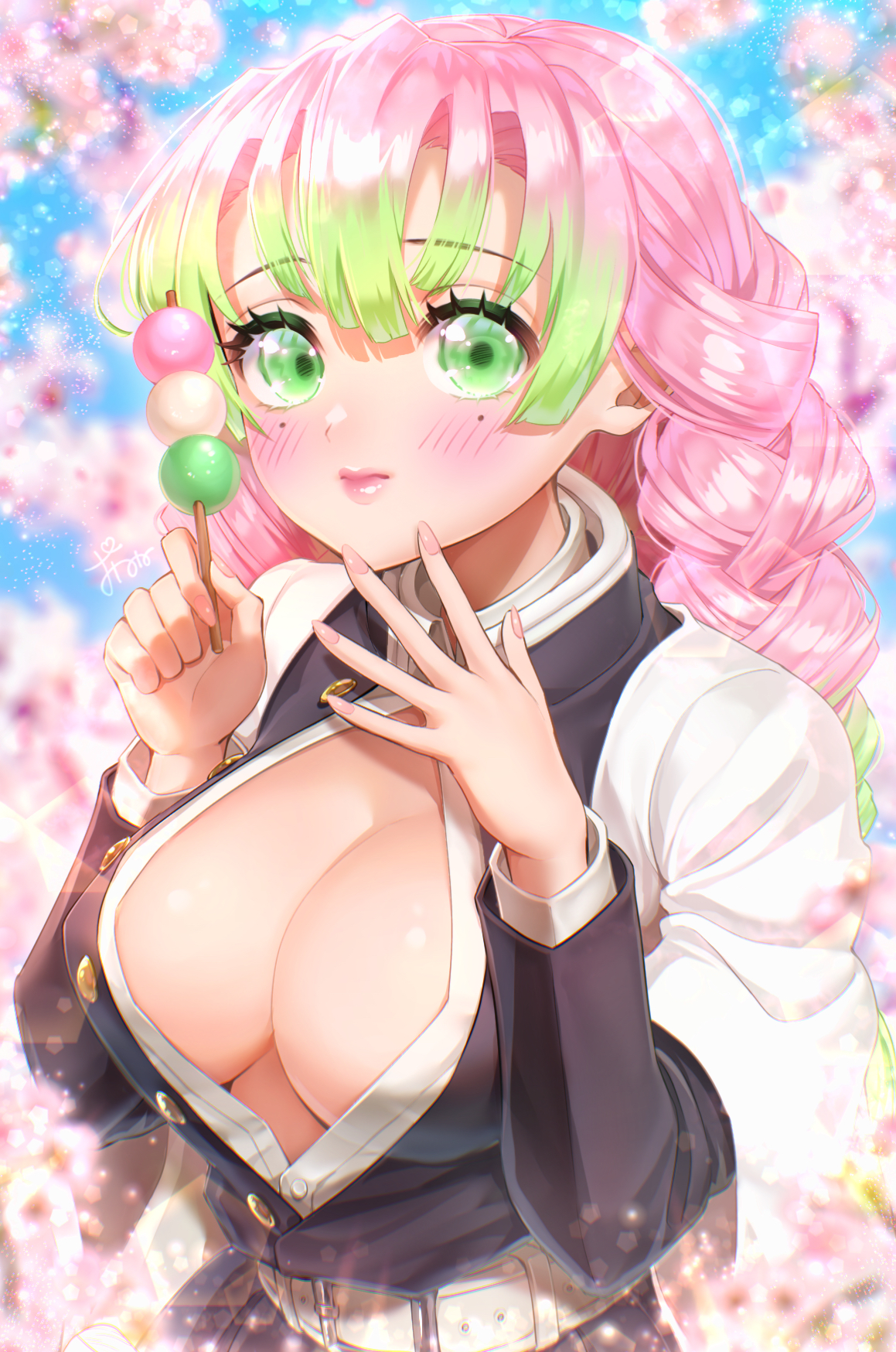 1girls, artist request, big breasts, breasts, busty, cleavage, demon slayer, female, kanroji mitsuri, kimetsu no yaiba, pink hair, pink-haired female