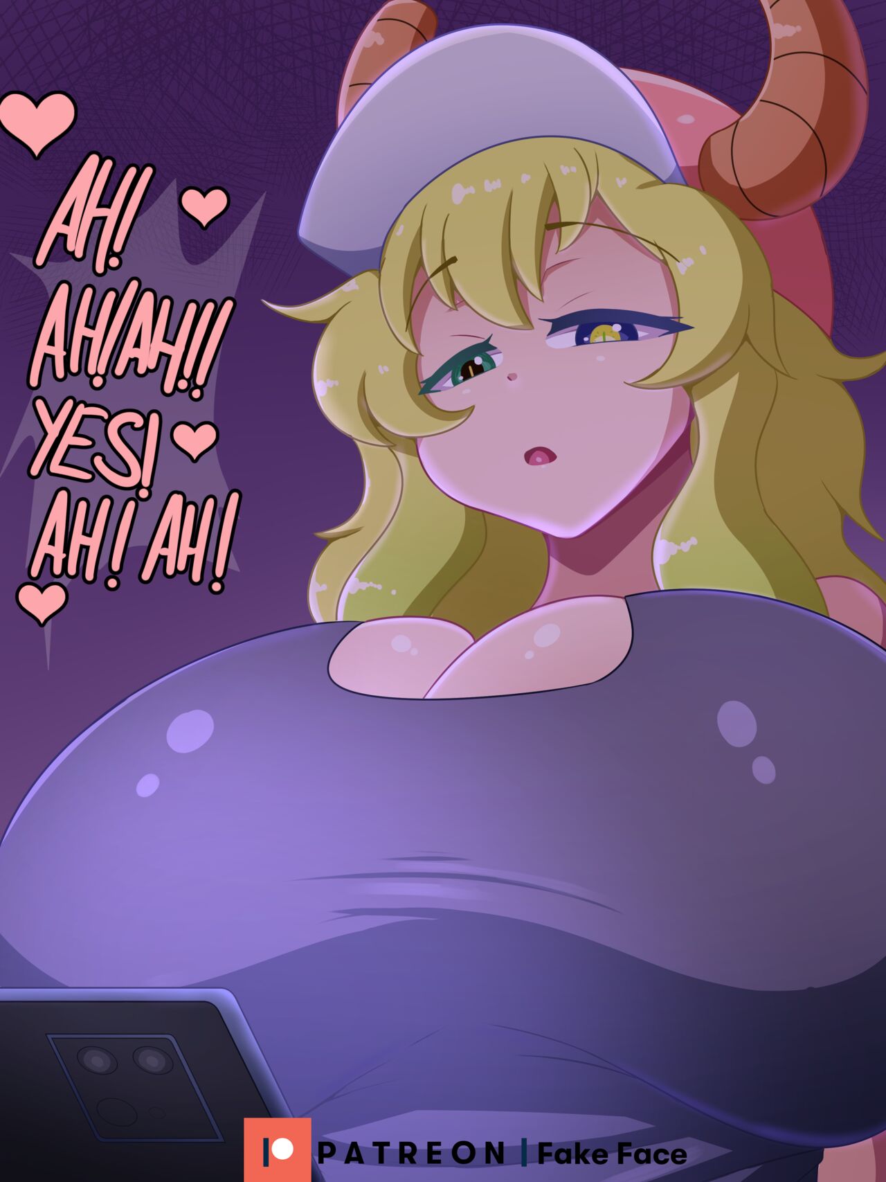 1girls, blonde hair, breasts, fake face, female, female only, hat, heterochromia, horns, huge breasts, light skin, light-skinned female, miss kobayashi's dragon maid, phone, quetzalcoatl (dragon maid), screen light, solo, watching porn