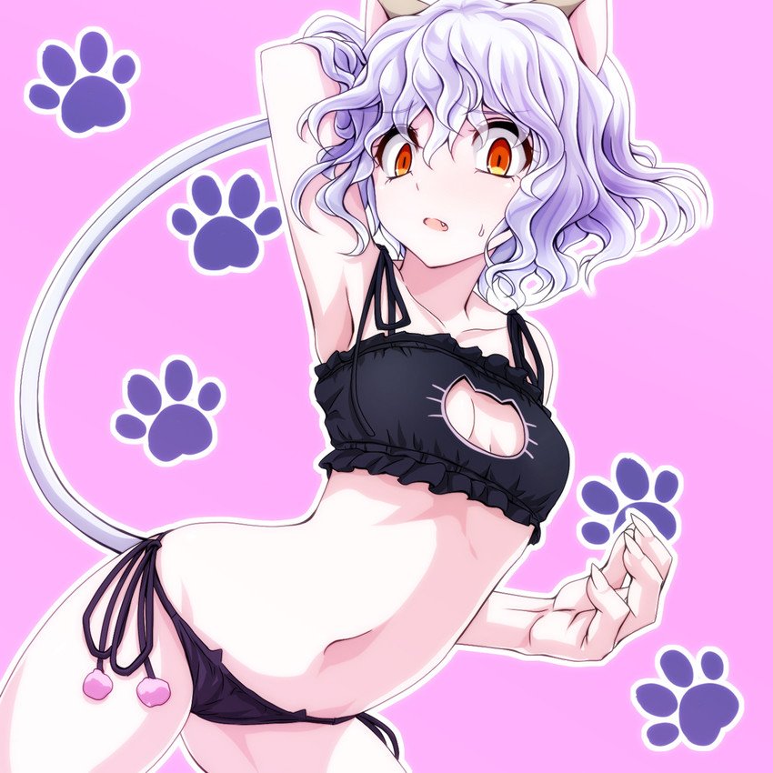 1girls, animal ears, breasts, cat ears, cat girl, cat lingerie, cat tail, chimera ant, female, female only, humanoid, hunter x hunter, light skin, light-skinned female, neferpitou, pale skin, pale-skinned female, red eyes, short hair, shounen jump, solo, villainess, white hair