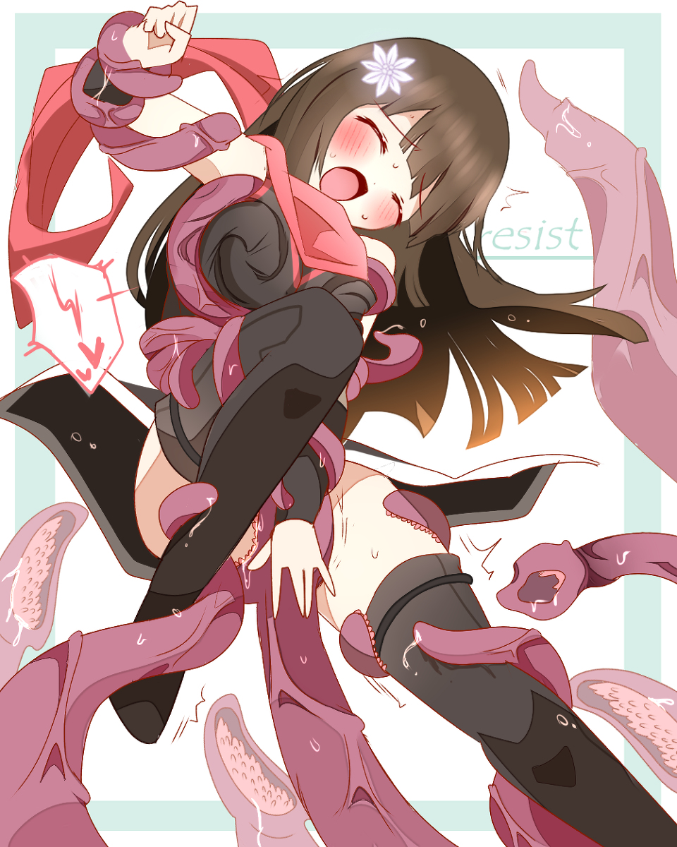 blush clothed_sex hair_ornament kunoichi non(artist) original original_character pussy_juice rape tentacle tentacle_rape tentacle_sex tentacles_under_clothes