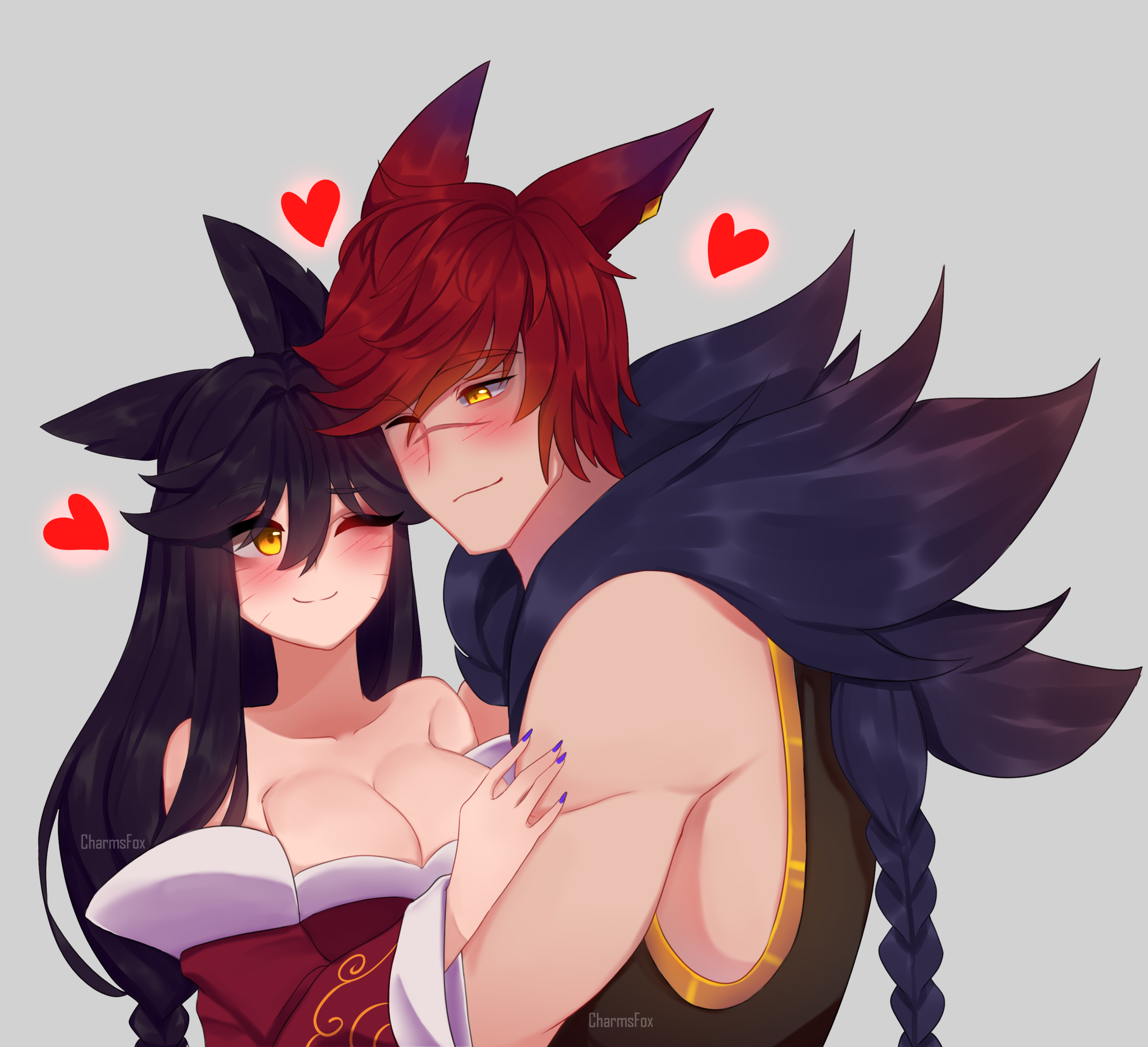 1boy, 1girls, absurd res, ahri, animal ears, bare shoulders, big breasts, black hair, blush, breasts, charms fox, cleavage, cute, facial scar, female, hi res, hug, league of legends, long hair, looking at another, male, nail polish, one eye closed, red hair, sett, smile, upper body, vastaya, whisker markings, wholesome, yellow eyes