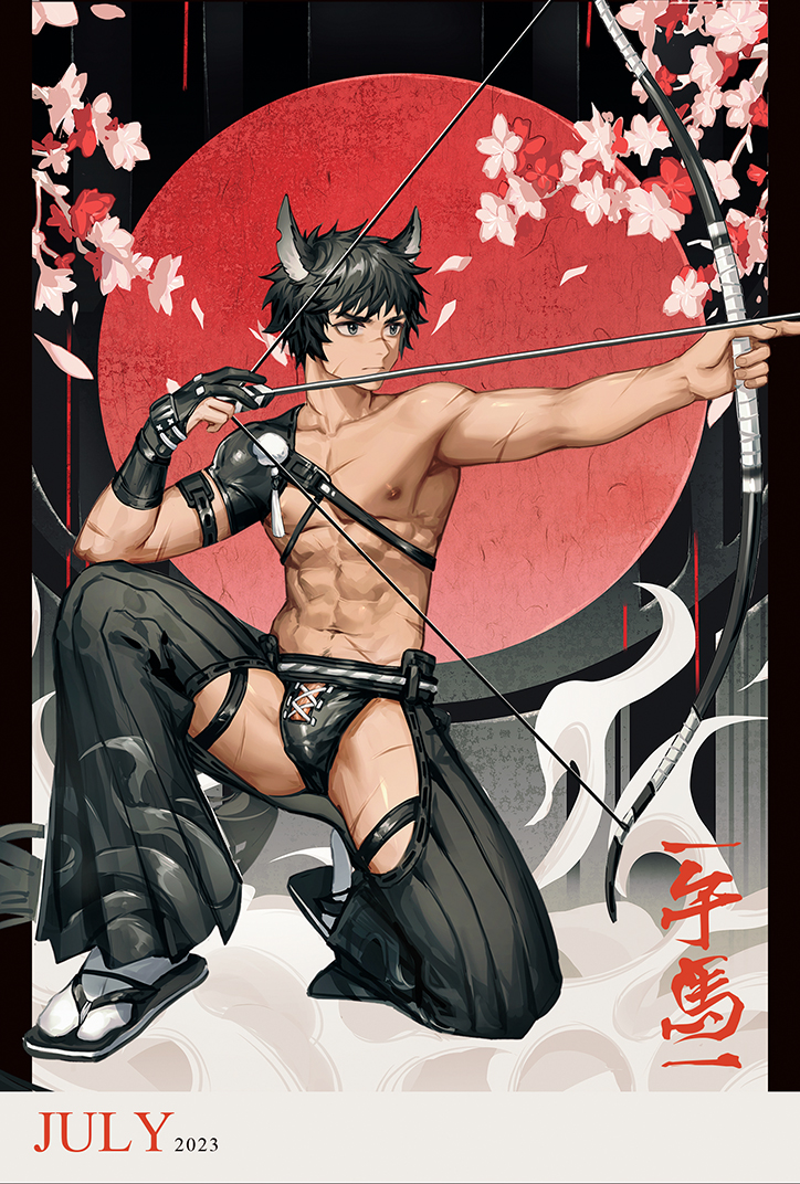 1boy animal_humanoid arrow_(weapon) black_hair bow_(weapon) chinese_zodiac clothing equid equid_humanoid equine equine_humanoid fingers flower flower_petals footwear gay hair holding_bow_(weapon) horse_humanoid humanoid humanoid_hands male male_focus male_only mammal mammal_humanoid mosilll nipples petals plant ranged_weapon sandals socks solo weapon year_of_the_horse