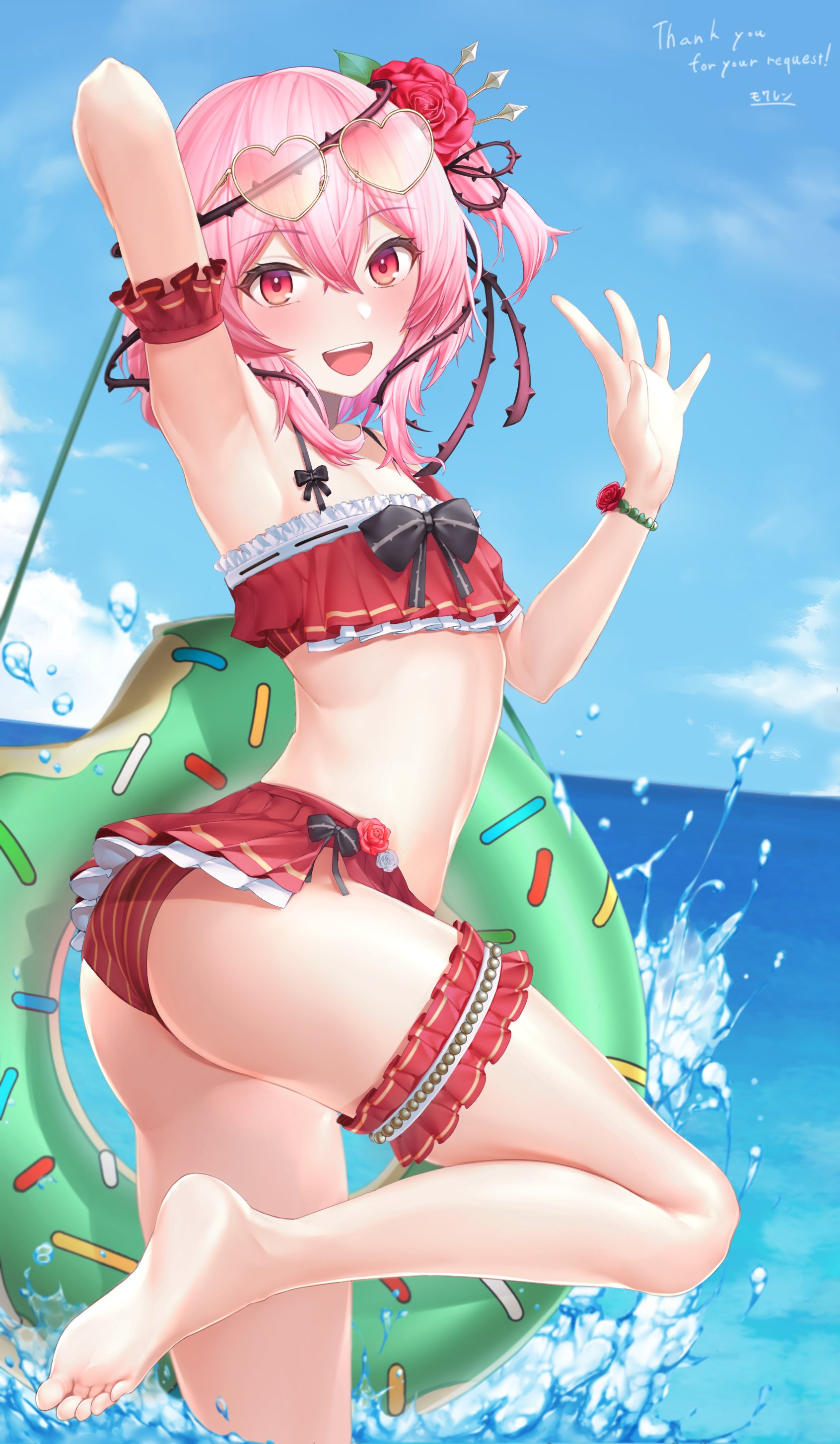 1girls, armpits, ass, barefoot, bowtie, bracelet, eyewear on head, female, flower in hair, glasses, heart-shaped sunglasses, midriff, nijisanji, nijisanji en, pink hair, red eyes, red swimsuit, rose, rose (flower), rosemi lovelock, side view, solo, solo focus, splashing, sunglasses, sunglasses on head, swimsuit, thorns, virtual youtuber, water