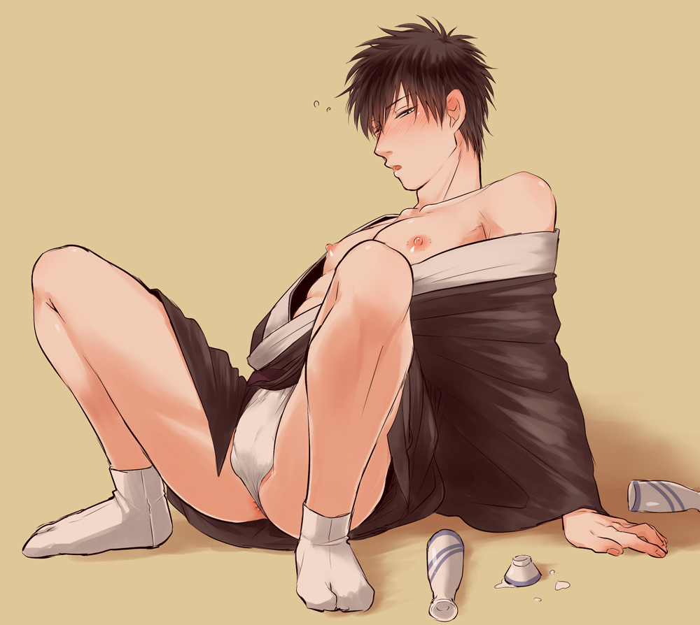 alcohol anus_peek black_hair blush drunk erect_nipples full_body fundoshi gintama hijikata_toshiro kimono looking_at_viewer male male_only mame_(pixiv) off_shoulder open_kimono sake solo spread_legs tabi