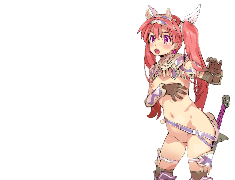 1girls bikini_armor_explorers breasts cute nude petite pussy red_hair small_breasts standing stockings transparent_background uncensored