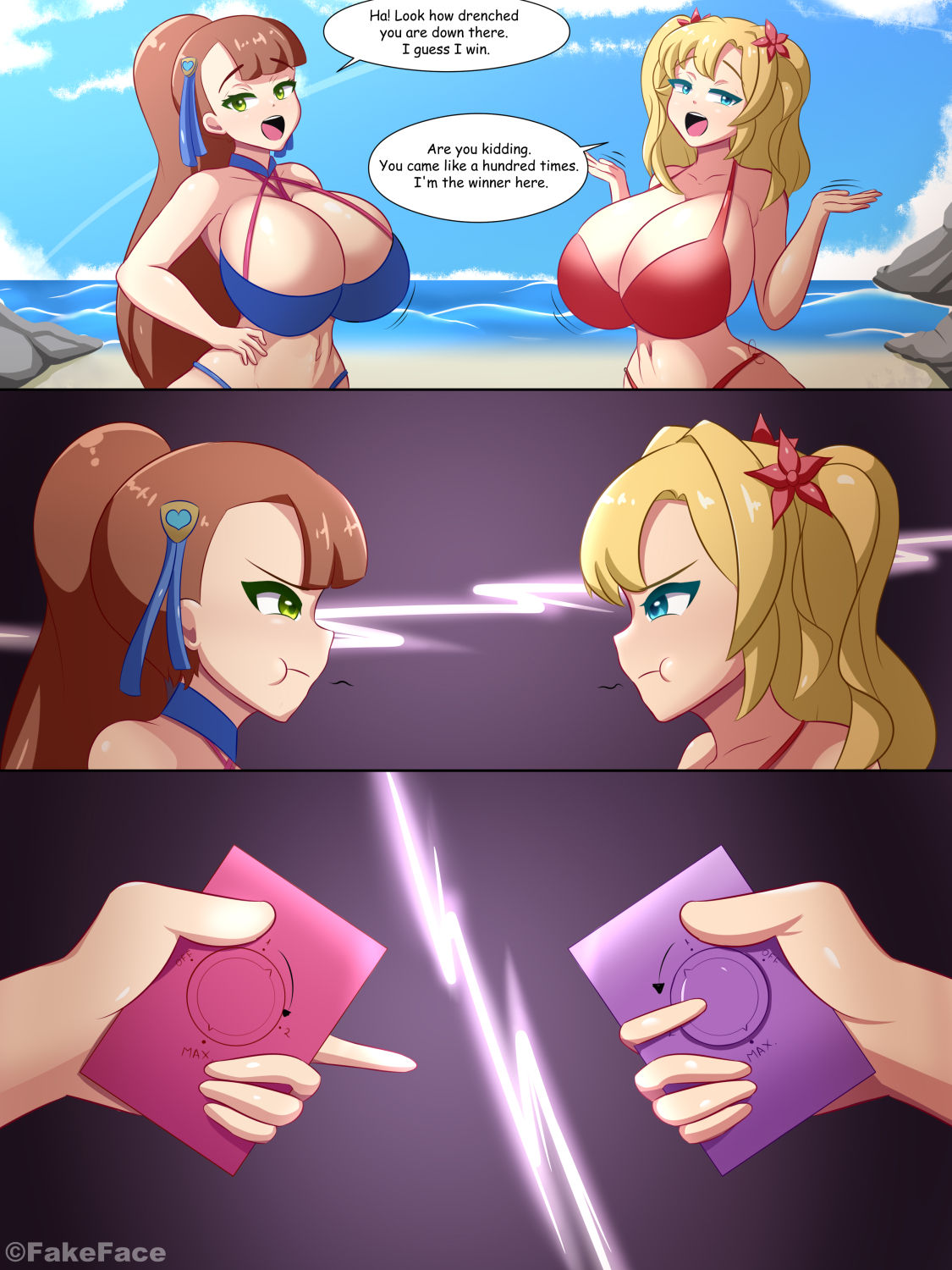 2girls beach beatrix_(granblue_fantasy) bikini blonde_hair brown_hair brunette dialogue fake_face g-string g-string_only granblue_fantasy huge_breasts multiple_girls speech_bubble text vibrator zeta_(granblue_fantasy)