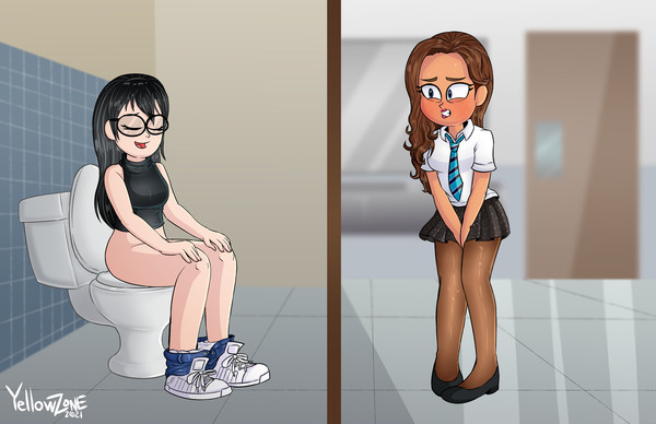 2girls bathroom bathroom_stall belinda multiple_girls need_to_pee omorashi original part_of_a_set stelle toilet toilet_use yellowzonemx