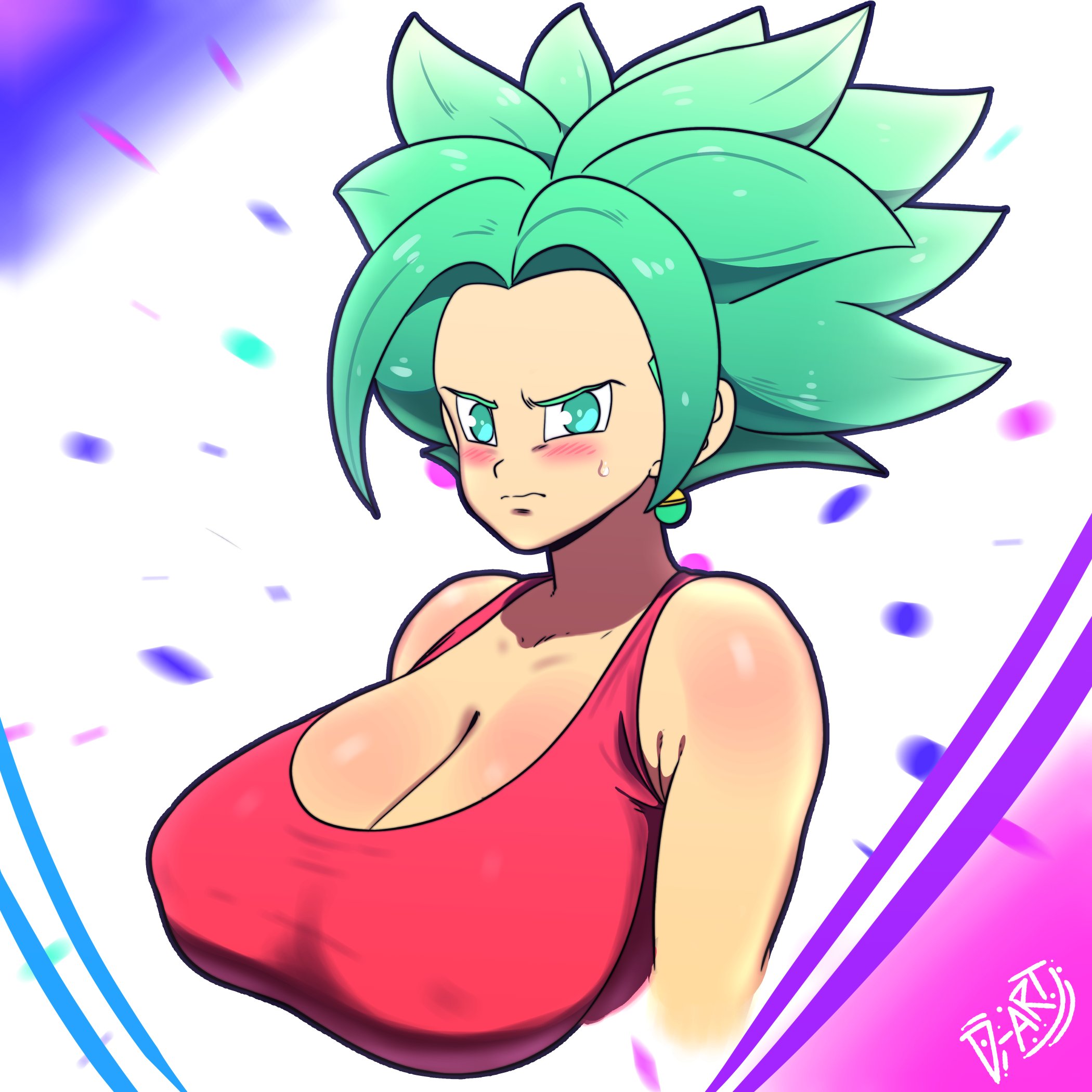 armpits, blue eyes, breasts, cleavage, d-art, dragon ball, dragon ball super, female, fusion, green hair, huge breasts, kefla, legendary super saiyan, nipples visible through clothing, potara earrings, super saiyan, super saiyan 2, tagme