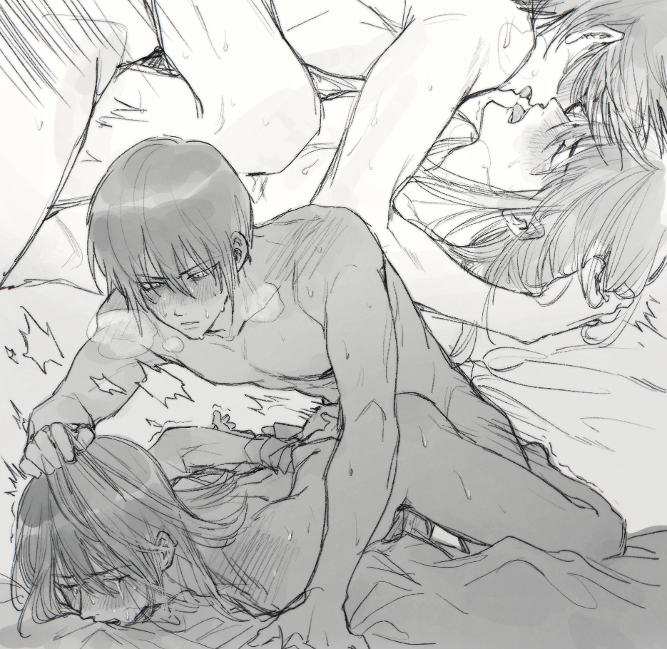 2boys, anal, anal sex, arms behind back, arms tied, arms tied behind back, ass, ass up, biting sheets, blush, bound, breath, completely nude, face down ass up, from behind, gay, gintama, hair grab, head grab, implied anal, katsura kotarou, llemonyyyy, long hair, long-haired male, male, male only, monochrome, nude, prone bone, rough sex, sweat, takasugi shinsuke, yaoi