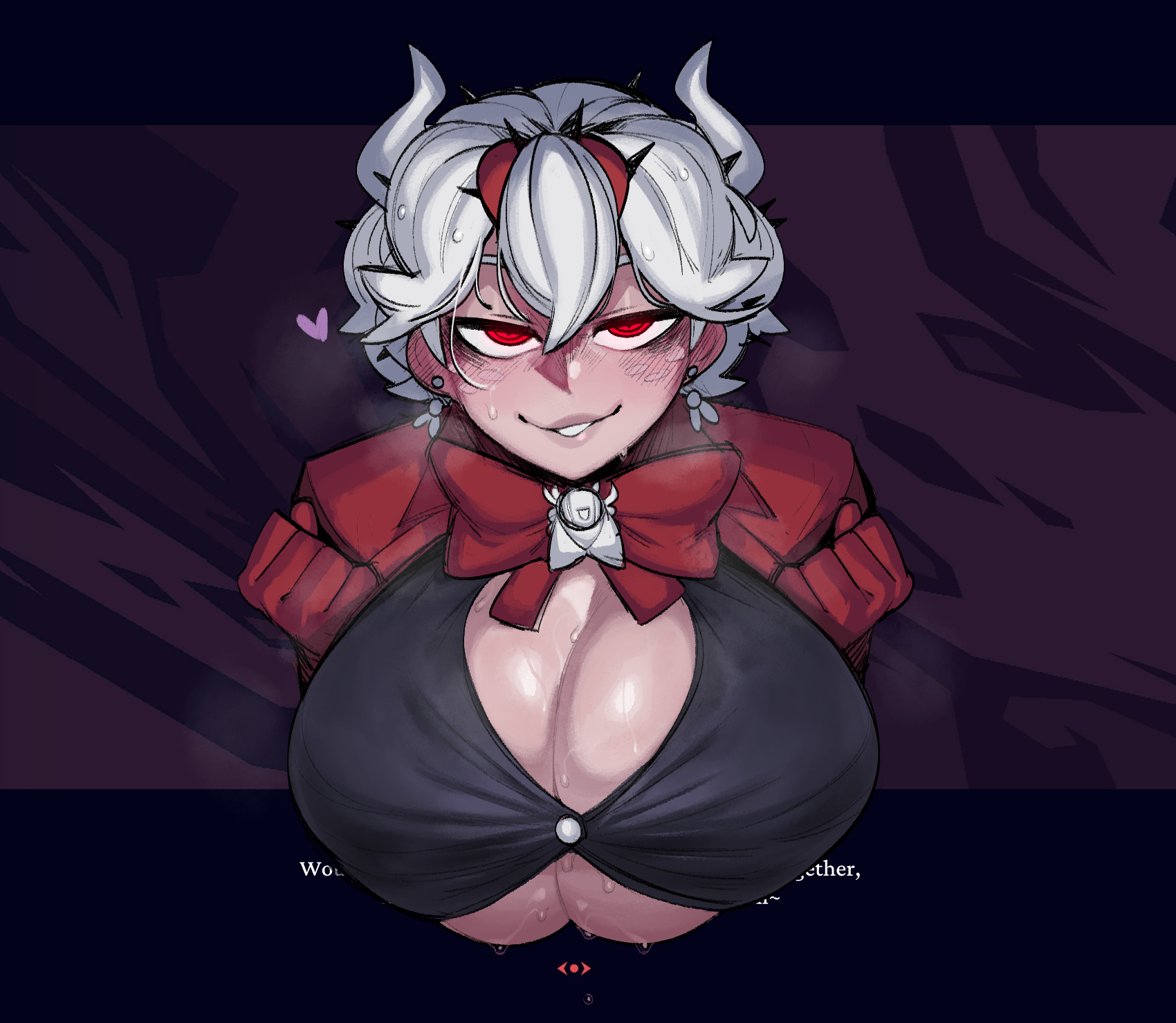1girls, bedroom eyes, beelzebub (helltaker), big breasts, border, breasts, bursting breasts, busty, cleavage, clothing, demon, demon girl, female, female only, freckles, half-closed eyes, helltaker, horns, huge breasts, krekk0v, large breasts, looking at viewer, no bra, non-euclidean border, red eyes, smile, solo, sweat, text box, textless, white hair