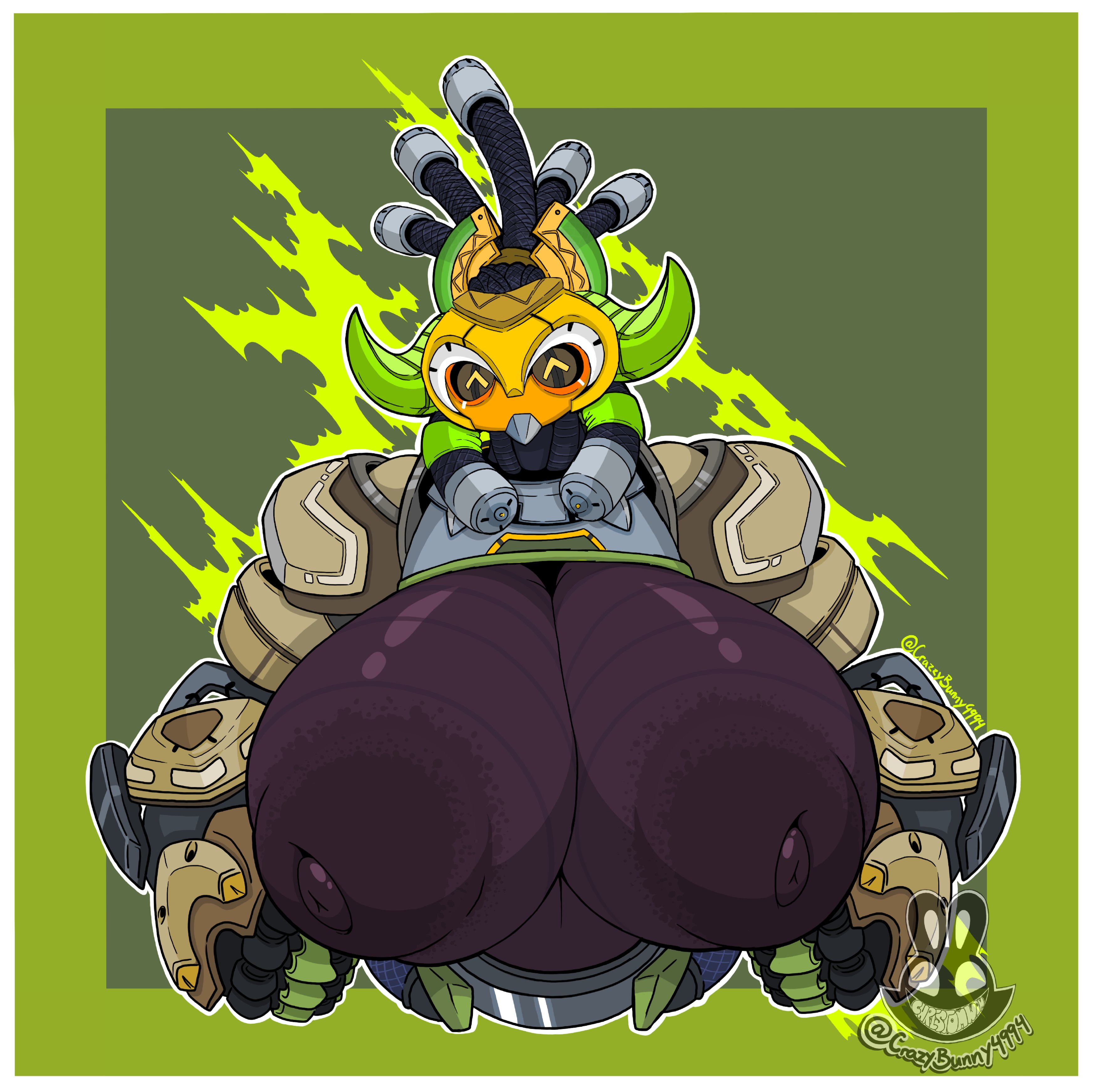 2d, african, african female, big breasts, blizzard entertainment, breast grab, breasts, christomwow, female, hair, hands on breasts, horn, nipples, orisa, overwatch, overwatch 2, robot, smile, yellow eyes