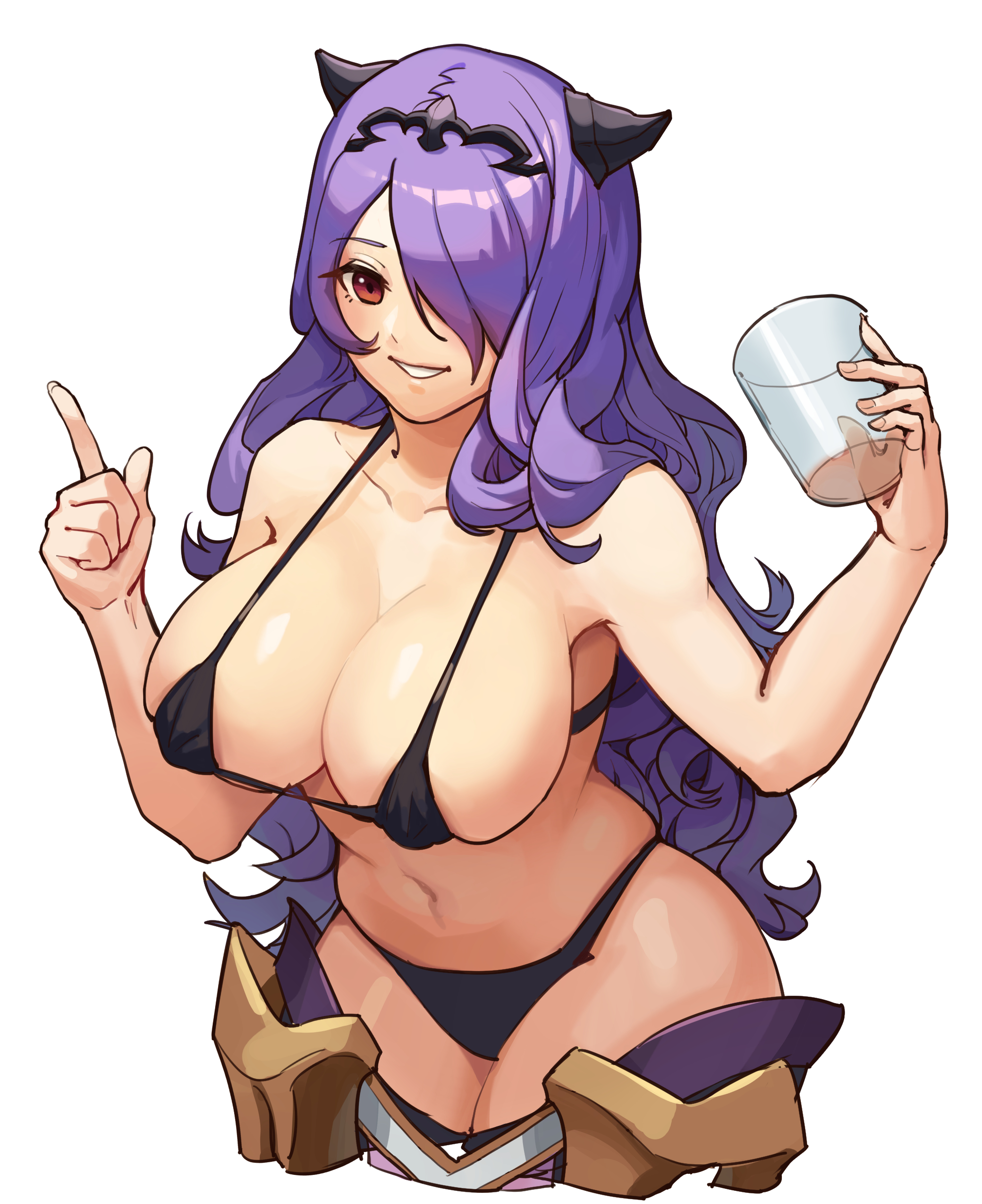 1girls, absurdres, bare thighs, bikini, black bikini, black panties, breasts, brown eyes, camilla (fire emblem), cleavage, covered nipples, cup, female, female only, fire emblem, fire emblem fates, glass, hair ornament, hair over one eye, hi res, highres, holding glass, kuushiitake, large breasts, long hair, navel, nintendo, panties, plain background, pointing, purple hair, simple background, smile, smiling, solo, swimsuit, thick thighs, thighs, underwear, very long hair, white background