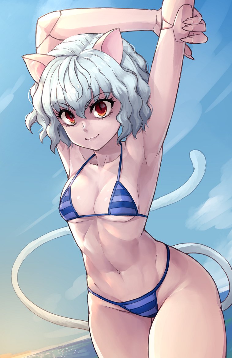 1girls, abs, animal ears, bikini, blue bikini, breasts, cat girl, chimera ant, curvy, female, female only, humanoid, hunter x hunter, light skin, light-skinned female, looking at viewer, narrow shoulders, neferpitou, neko, pale skin, pale-skinned female, pear shaped, red eyes, short hair, shounen jump, silver hair, skimpy, small breasts, smile, solo, string bikini, swimwear, thick thighs, thin waist, toned, toned female, villainess, white hair, wide hips