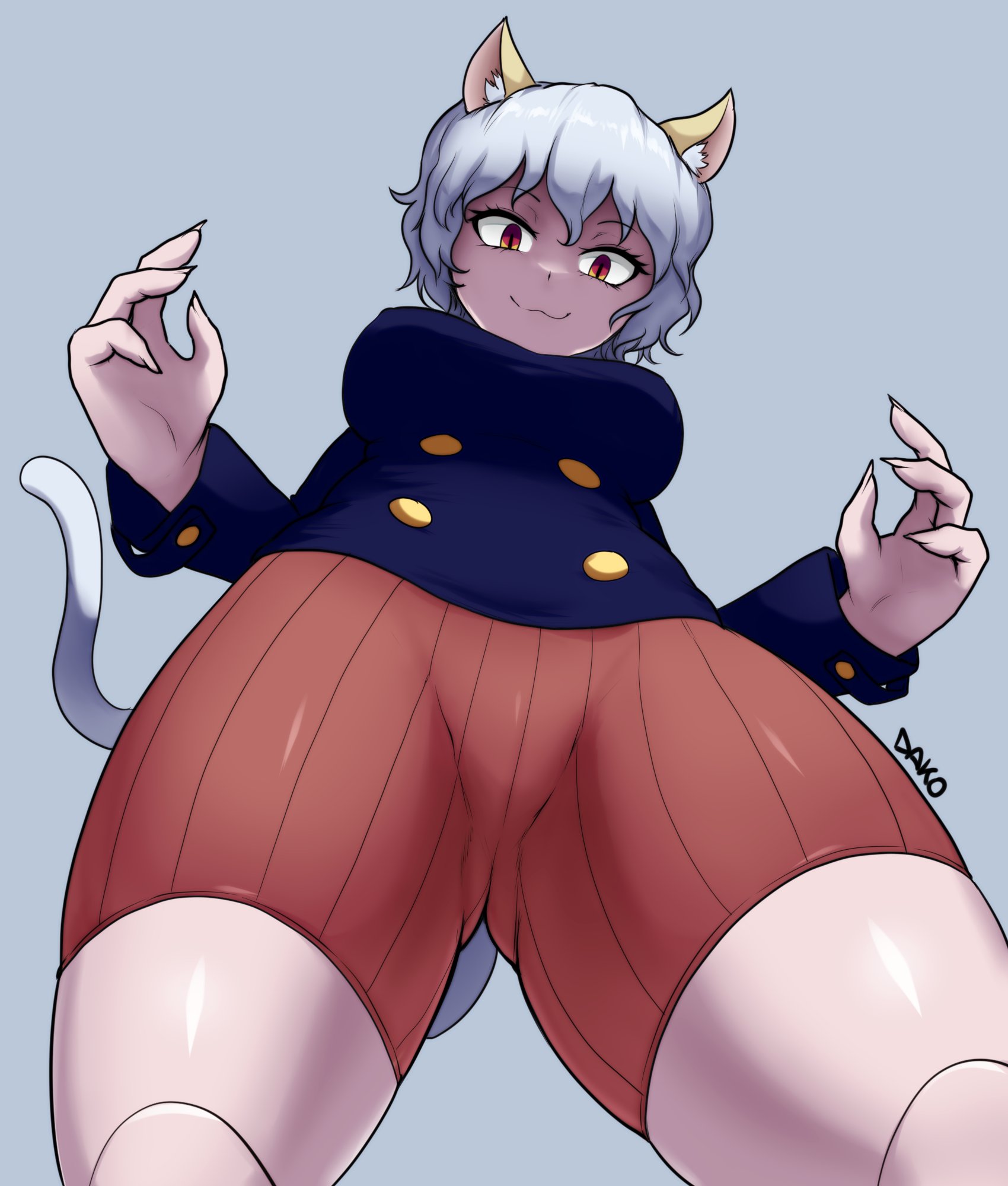 :3, 1girls, animal ears, ass, back view, big ass, big butt, breasts, cat ears, cat girl, cat tail, chimera ant, dako, dakosito, female, female only, humanoid, hunter x hunter, light skin, light-skinned female, looking at viewer, looking back, neferpitou, orange eyes, pale skin, pale-skinned female, short hair, shorts, shounen jump, solo, squatting, tail, thighs, villainess, white hair, worm's-eye view