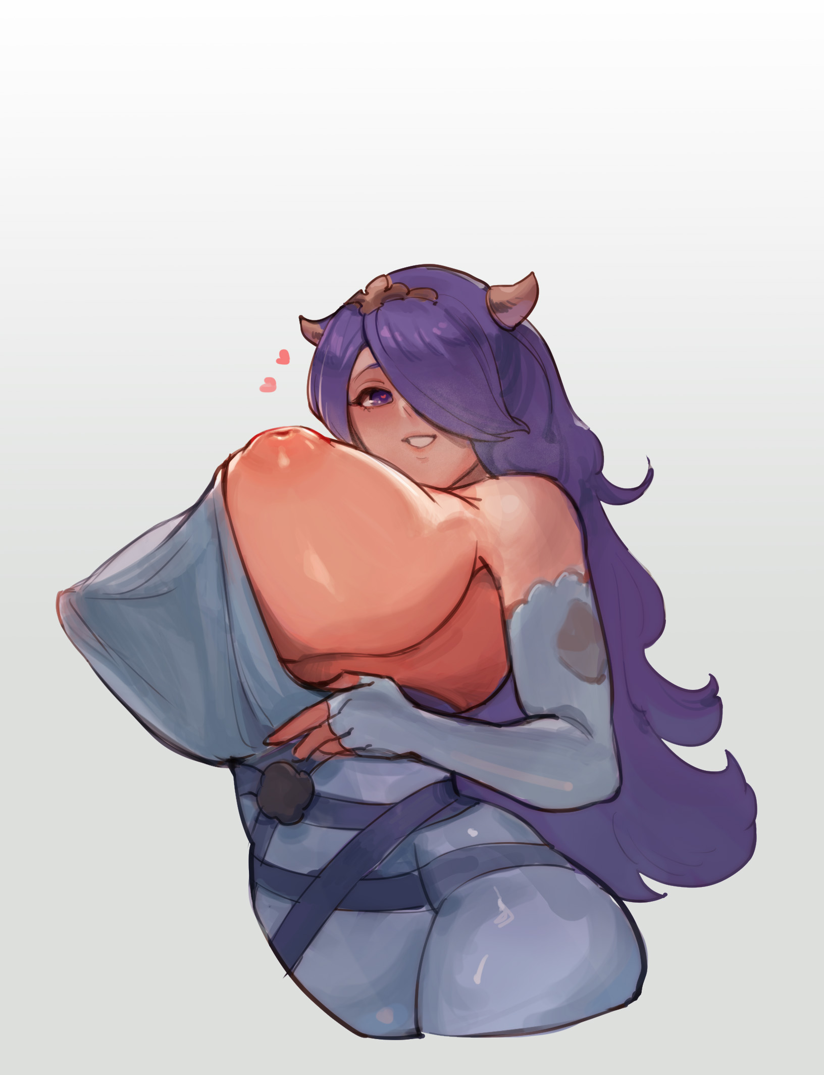 1girls, alternate costume, armpits, breasts, camilla (fire emblem), elbow gloves, female, female only, fingerless gloves, fire emblem, fire emblem fates, fire emblem heroes, from below, gloves, hair ornament, hair over one eye, heart, heart-shaped pupils, highres, huge breasts, kuushiitake, long hair, nintendo, nipples, official alternate costume, one breast out, purple eyes, purple hair, solo, symbol-shaped pupils, upper body