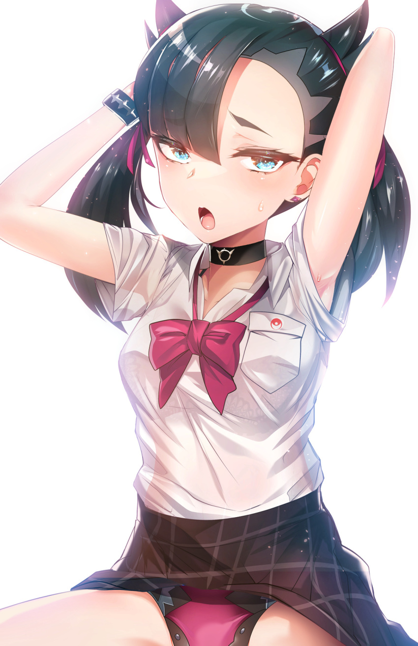 black_hair blue_eyes bowtie bra_visible_through_clothes bracelet breasts choker earrings female looking_at_viewer marnie_(pokemon) medium_breasts nintendo open_mouth panties pink_panties pokemon pokemon_ss ribbon_in_hair school_uniform see-through_clothing silly_(marinkomoe) twintails