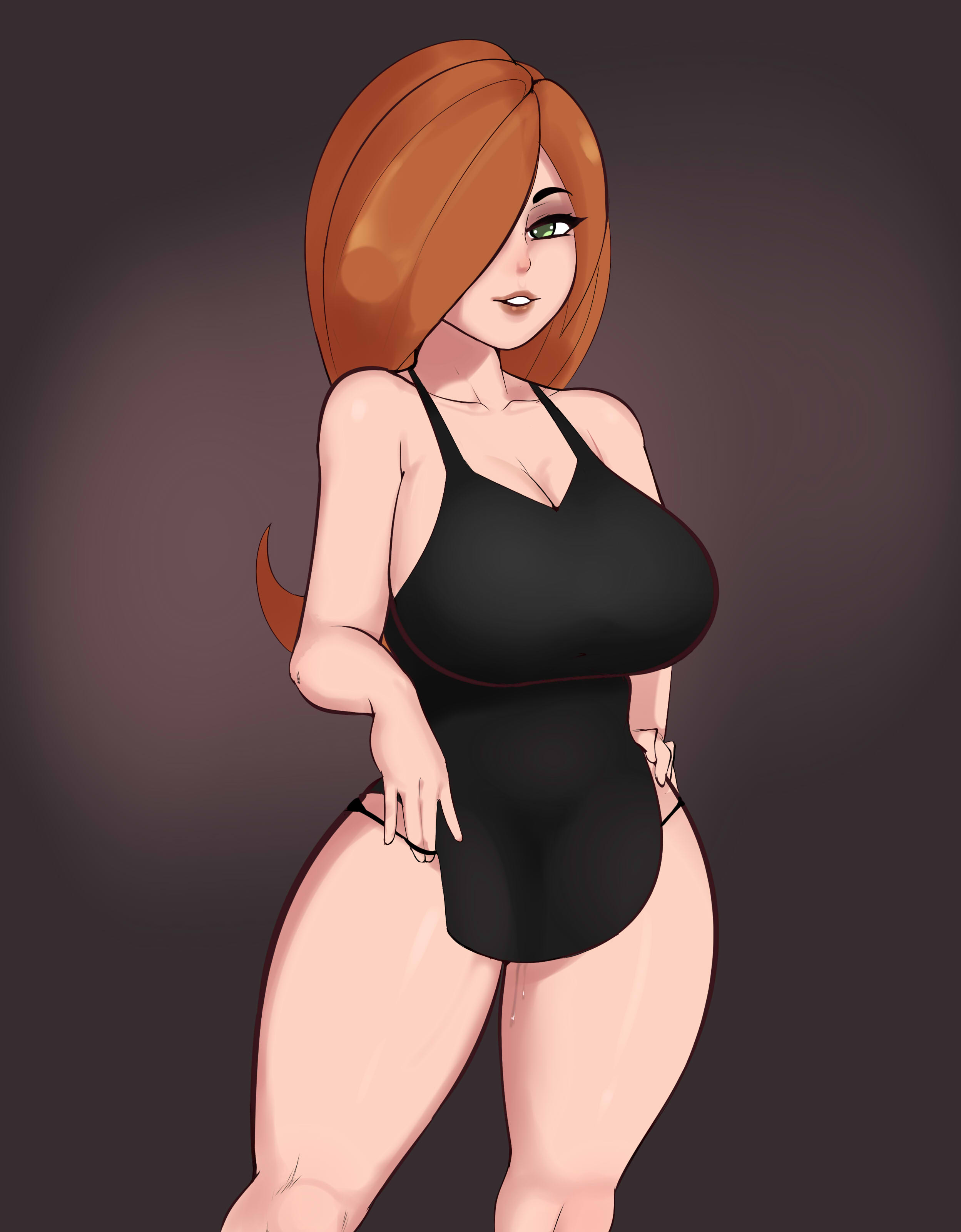 1girls, breasts, cleavage, disney, disney channel, dress, eyelashes, female, female focus, female only, g3mma, ginger hair, green eyes, kim possible, kimberly ann possible, light skin, light-skinned female, long hair, looking at viewer, one eye covered, orange hair, pale skin, pale-skinned female, simple background, solo, solo female, solo focus, thick thighs, wide hips
