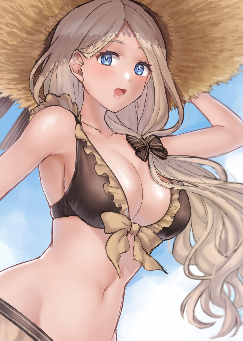 1girls alternate_costume bikini black_bikini black_bow black_swimsuit blonde_female blonde_hair blue_eyes blue_sky bow breasts brown_bikini brown_swimsuit cleavage cloud collarbone commentary_request day female female_only fire_emblem fire_emblem:_three_houses fire_emblem_heroes frilled_bikini frills hair_bow hat hazuki_(nyorosuke) highres large_breasts long_hair looking_at_viewer medium_hair mercedes_von_martritz mercedes_von_martritz_(summer) navel nintendo official_alternate_costume open_mouth outdoor outdoors side_ponytail sky smile solo stomach straw_hat sun_hat swimsuit very_long_hair