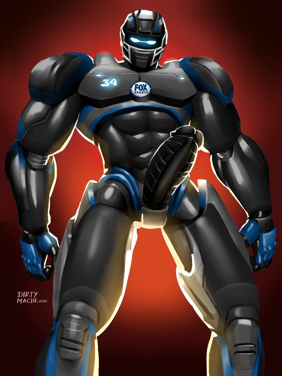 abs big_penis cleatus_the_fox_sports_robot football_player genitals hi_res mache machine male male_focus male_only multicolored_body muscular no_humans penis robot solo two_tone_body