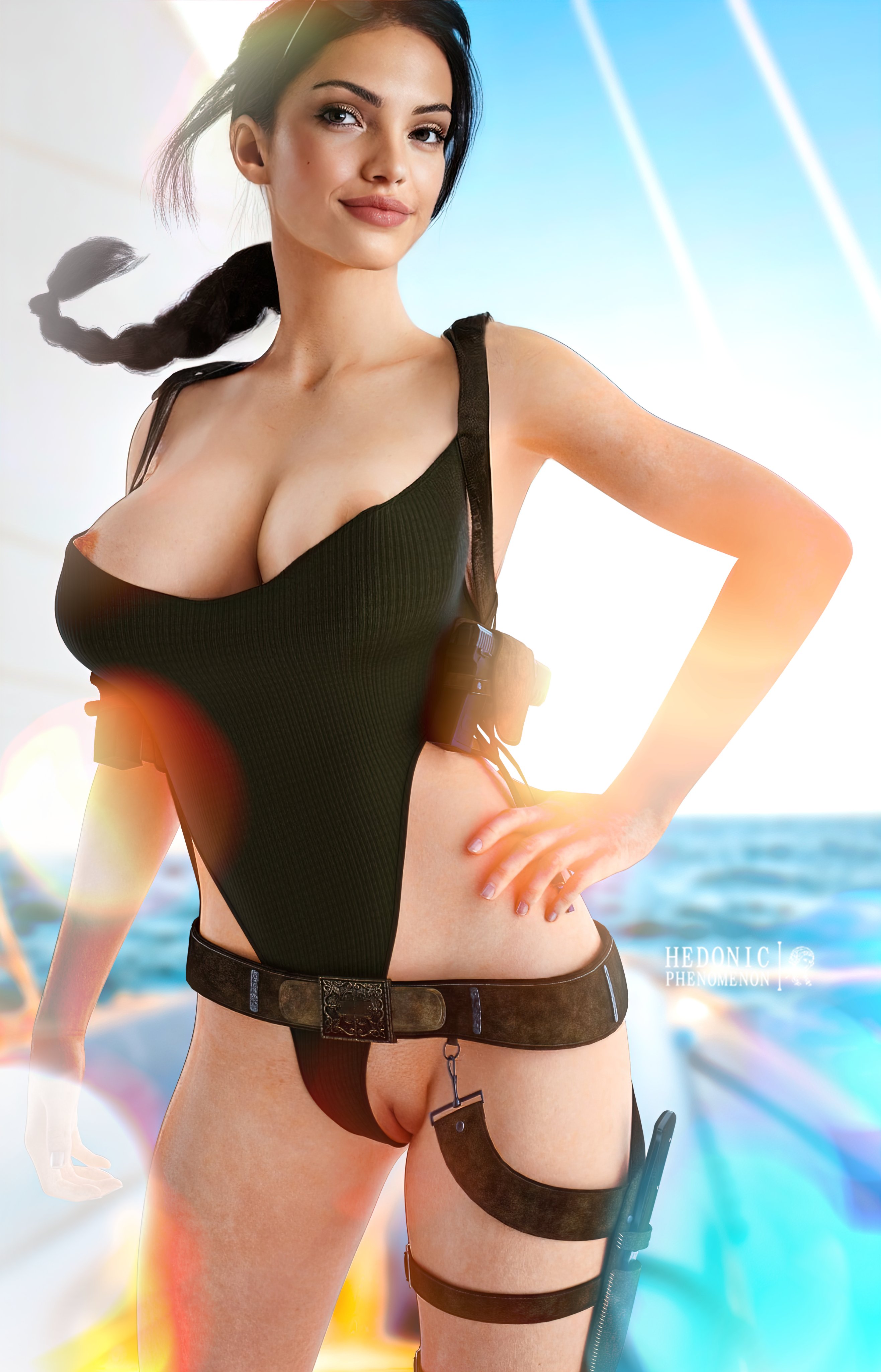 1girls, 3d, angelina jolie, boat, breasts, exposed breasts, female, female only, hedonicphenomenon, lara croft, lara croft (angelina jolie), nipslip, one-piece swimsuit, realistic, signature, smile, smiling, solo, tagme, text, tomb raider