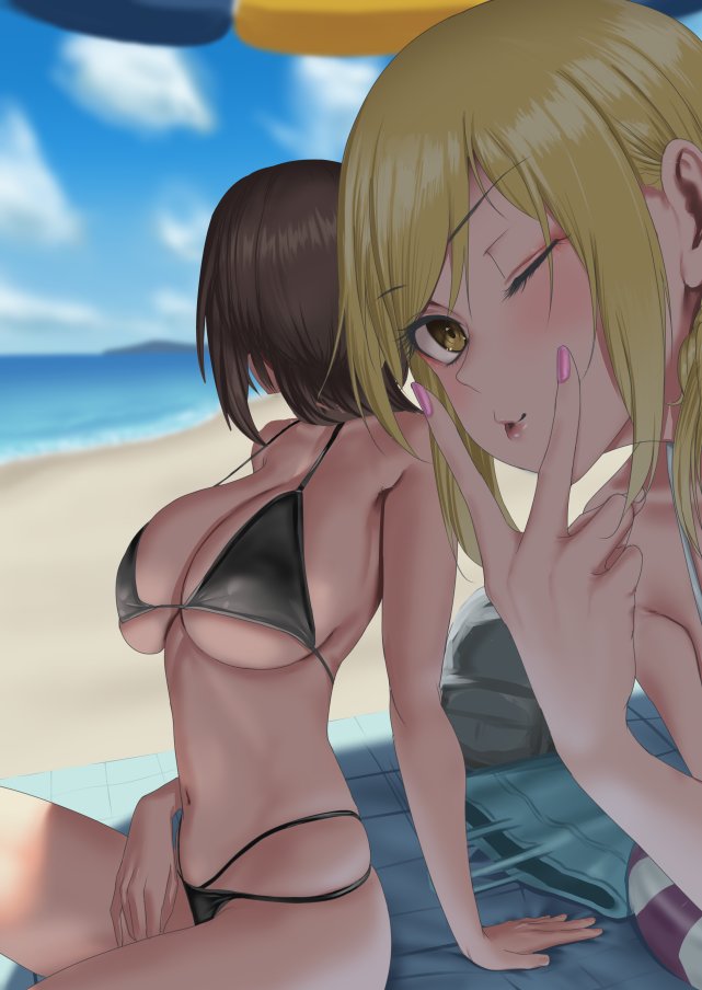 2022, 2girls, alternate version available, beach, bikini, black bikini, blonde female, blonde hair, breasts, brown hair, cleavage, female, female only, gold eyes, hips, holding object, huge breasts, medium hair, original, original character, outdoors, peace sign, selfie, slim waist, thighs, tomiokasena, wide hips, wink