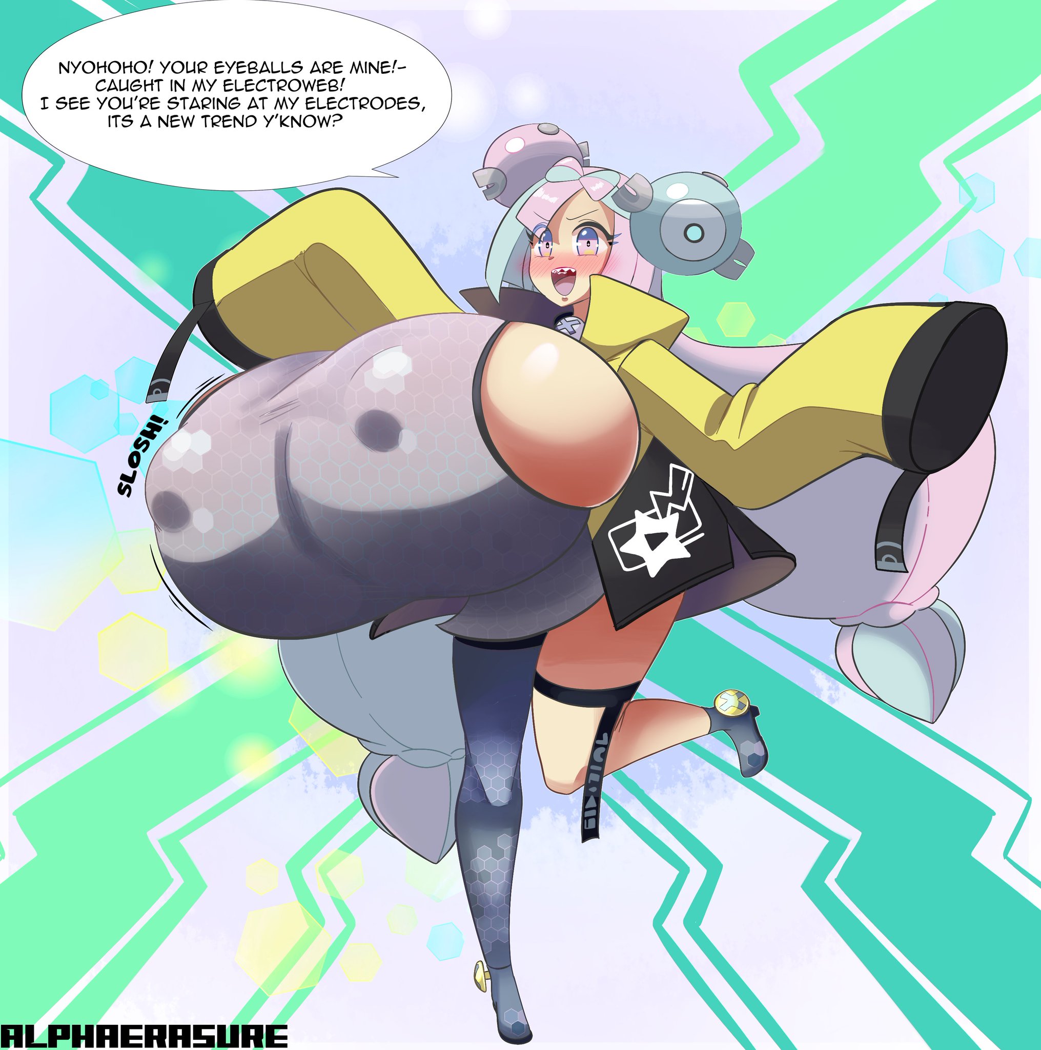2023, alphaerasure, big breasts, blush, breast expansion, breast growth, breast growth (enlargement), breasts, breasts bigger than head, breasts bigger than torso, english text, erect nipples, female, huge breasts, hyper, hyper breasts, iono (pokemon), large breasts, massive breasts, nipple bulge, nipples, onomatopoeia, open mouth, pokemon, pokemon sv, sloshing breasts, speech bubble, tagme
