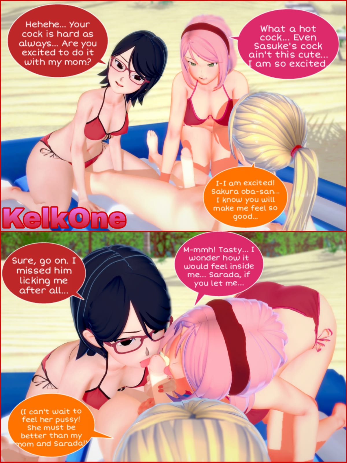 1boy 2girls 3d beach bikini black_hair blonde_hair boruto:_naruto_next_generations collaborative_fellatio dialogue fellatio ffm_threesome glasses group group_sex hairband incest kelkone licking_penis male/female/female mother_and_daughter multiple_girls naruto naruto_(series) oral oral_sex outdoors oyakodon penis pink_hair sakura_haruno sarada_uchiha sex speech_bubble text threesome yamanaka_inojin