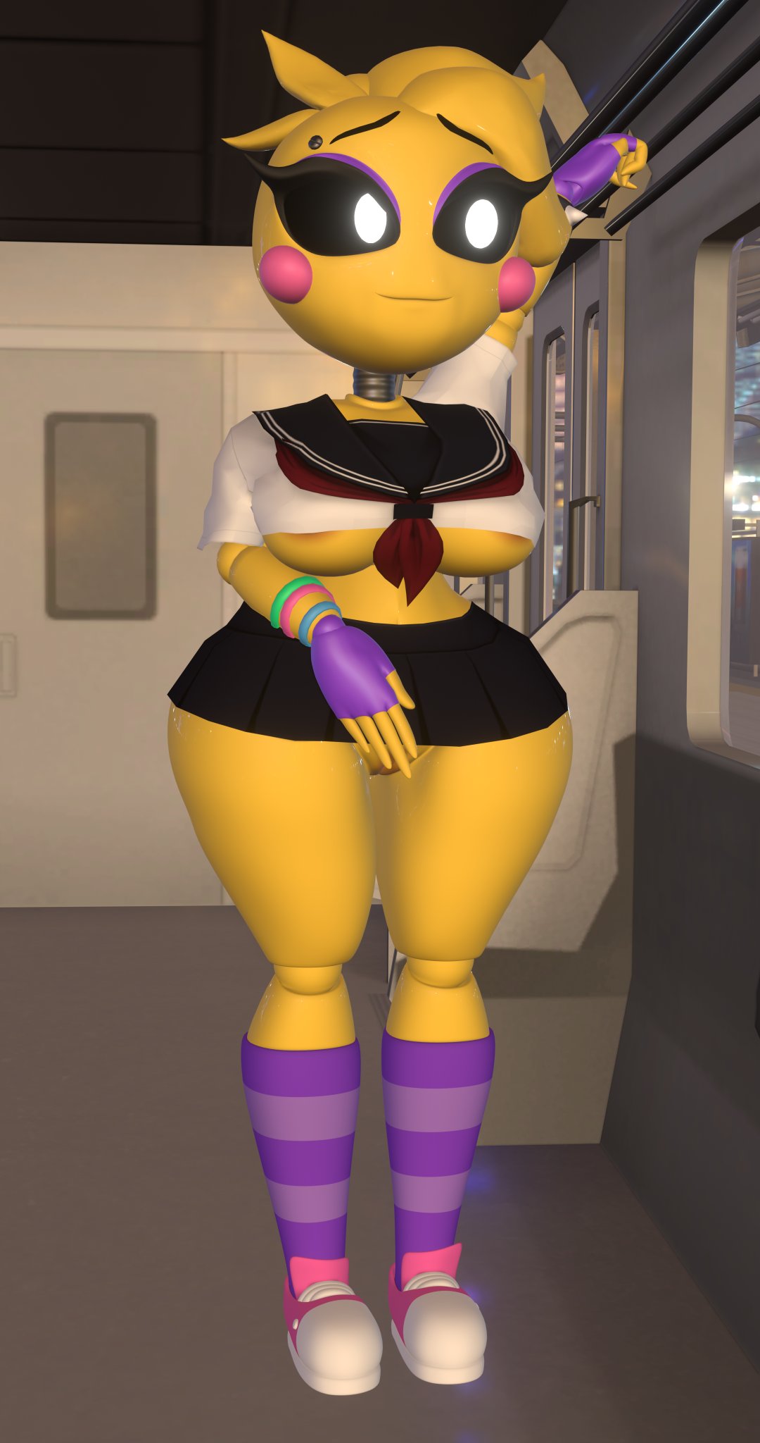 3d, 3d (artwork), adri164, areola, big breasts, black eyes, bottomwear, braless, breasts, chicken, clothed, clothing, covering crotch, dripping pussy, embarrassed, exhibitionism, exposed pussy, female, female focus, five nights at freddy's, five nights at freddy's 2, hi res, hourglass figure, miniskirt, nipple outline, no bra, no panties, no underwear, orange areola, pantyless, public, public exposure, pussy, robot, robot girl, school uniform, scottgames, skirt, solo, solo female, thighhigh socks, toy chica (eroticphobia), toy chica (fnaf), underboob, uniform, video games, wet pussy, wide hips, yellow body