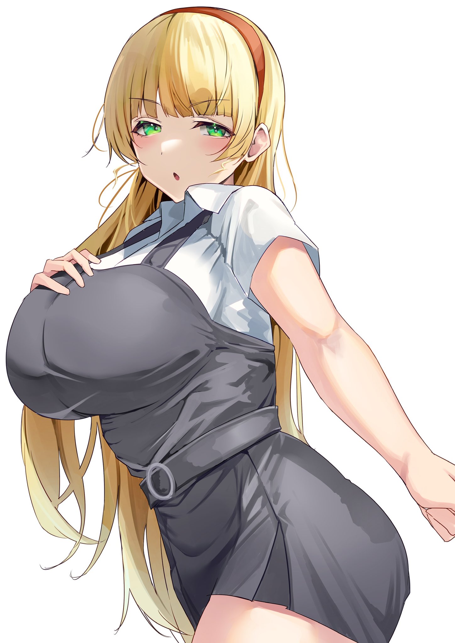 1girls, ass, big ass, big breasts, big hips, blonde female, blonde hair, boobs and butt pose, breasts, female, female only, fully clothed, green eyes, hair ornament, hand on breast, heanna sumire, hips, huge breasts, light skin, light-skinned female, looking at viewer, love live!, love live! superstar!!, school uniform, tagme, thick thighs, thighs, tight clothing, white background, yamasonson