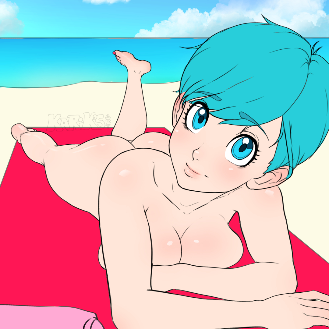 1:1, aqua hair, asian, asian female, ass, barefoot, beach, beach towel, big ass, big breasts, blue eyes, blue hair, breasts, bulma briefs, bulma briefs (beginnings of dragon ball z), dragon ball, dragon ball super, female, hi res, highres, kariksart, light skin, light-skinned female, looking at viewer, married female, mature female, milf, nail polish, naked, nude beach, on stomach, petite, short hair, thick thighs, wife