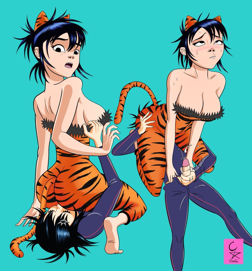 1futa 1girls asian asian_female asian_futanari ball_gag barefoot big_breasts black_hair cockstar_studios cyborg_noodle facesitting feet female futanari gorillaz noodle_(gorillaz) noodle_(song_machine) robot sitting_on_face tiger_print yuri