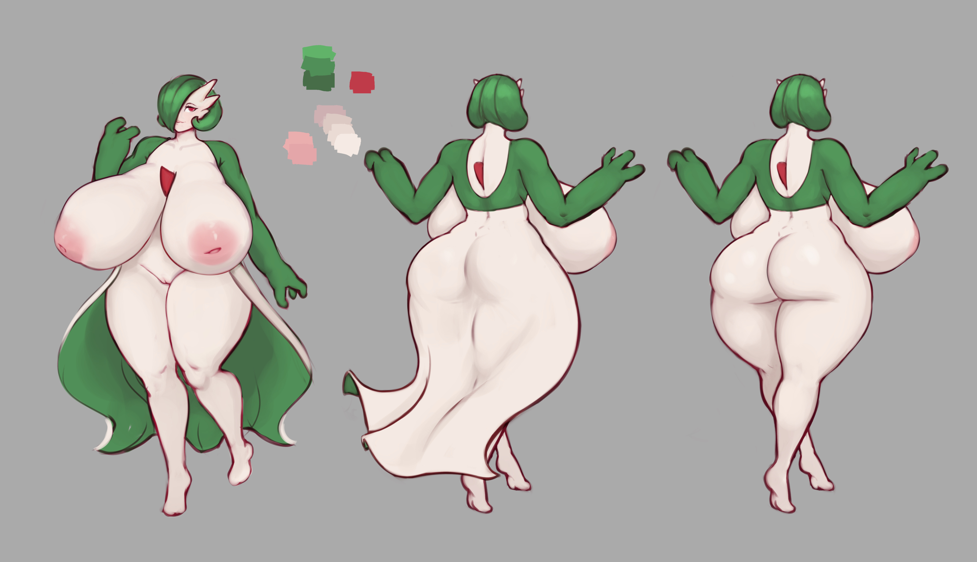anthro, areolae, ass, back view, belly, big ass, big breasts, big butt, breasts, female, female only, front view, game freak, gardevoir, green hair, inverted nipples, legs, nintendo, no bra, no panties, non-human areolae, pink nipples, pokemon, pokemon (species), pokemon rse, pussy, red eyes, shinyglute, thick, thick ass, thick thighs, venus body, white skin