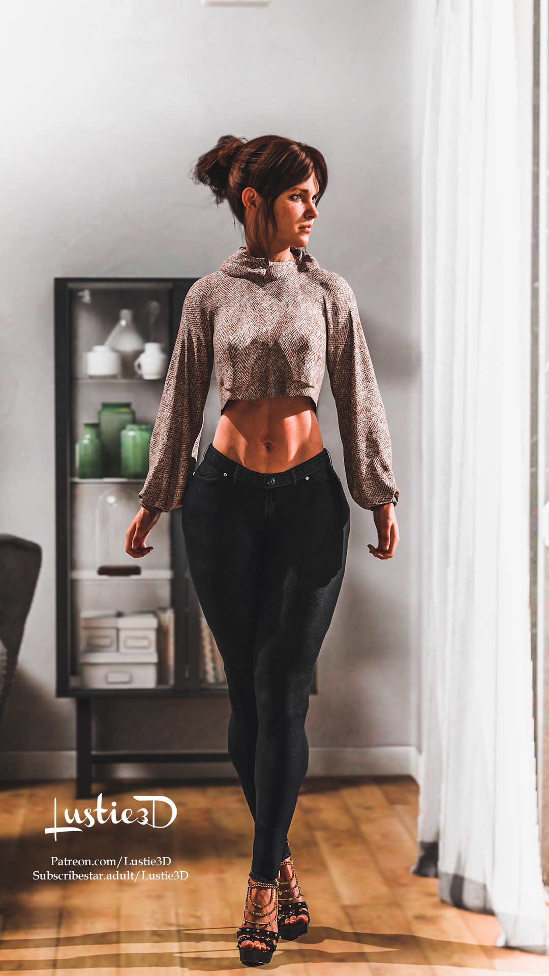 1girls, 3d, 3d (artwork), abs, alternate version available, bare midriff, brown hair, clothed, clothed female, denim, denim bottomwear, denim clothing, denim jeans, ellie (the last of us), ellie williams, female, female focus, female only, freckles, front view, green eyes, hair bun, hi res, high heels, highres, jeans, long sleeves, looking away, lustie3d, midriff, muscular, muscular female, naughty dog, open toe shoes, pants, shoes, solo, solo female, solo focus, sony interactive entertainment, the last of us, the last of us 2, tied hair, wide hips