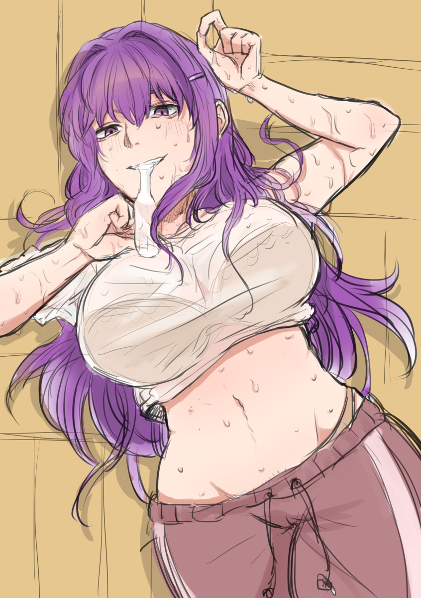 1girls, belly, condom, condom in mouth, doki doki literature club, female, kamome (artist), laying down, laying on back, leggings, looking at viewer, purple eyes, purple hair, skirt, solo, sweat, sweatdrop, tummy, white shirt, yuri (doki doki literature club)