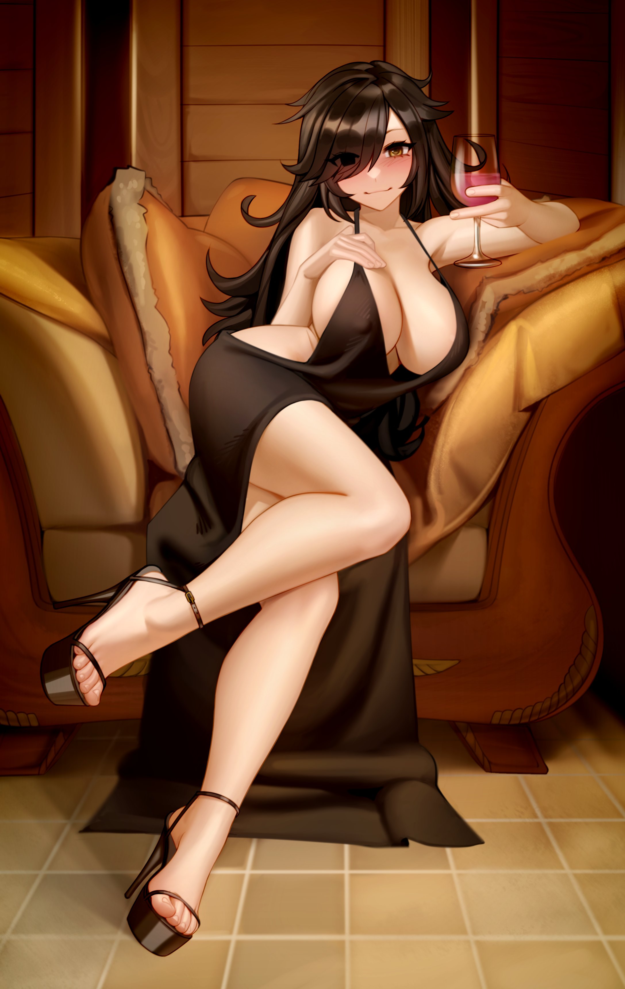 1girls, 2022, black dress, black hair, black toenails, breasts, cleavage, commission, dress, feet, female, female only, hi res, high heels, hips, huge breasts, kairuhentai, kairunoburogu, large breasts, light skin, light-skinned female, long hair, naughty face, original, original character, painted nails, painted toenails, slim waist, suggestive look, thick thighs, thighs, toes, wide hips