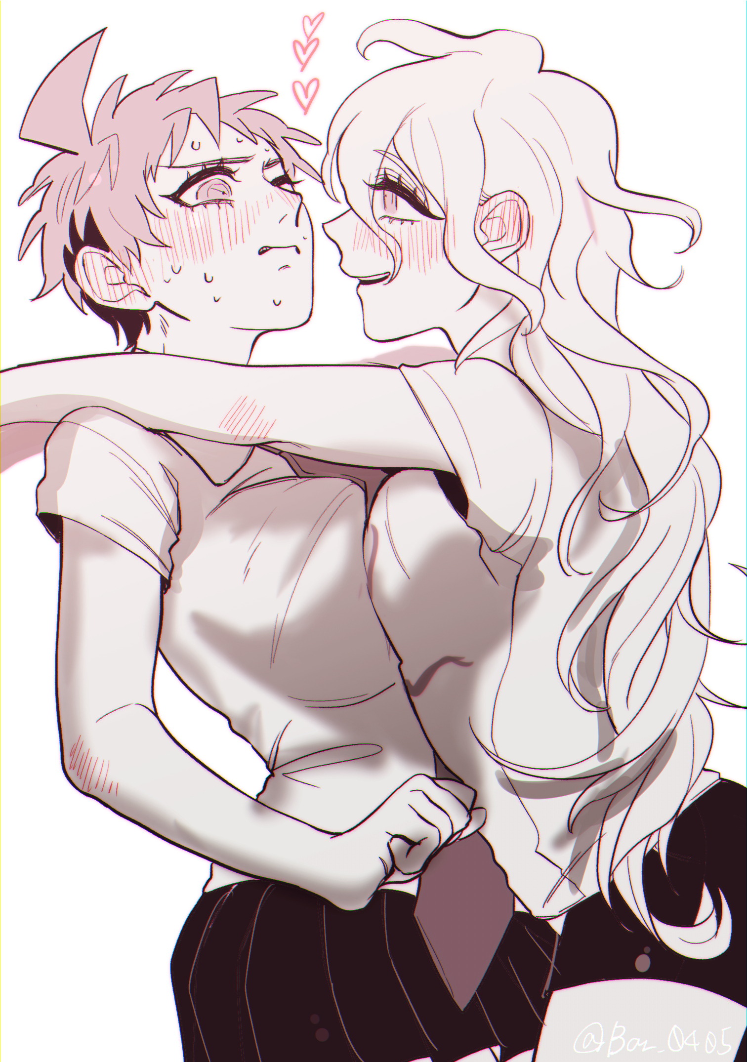 baru (bar 0405), breasts, danganronpa, danganronpa 2: goodbye despair, female, genderswap, genderswap (mtf), hinata hajime, large breasts, nagito komaeda, pressing breasts together, rule 63, straight hair, super danganronpa 2, very short hair, wholesome, yuri
