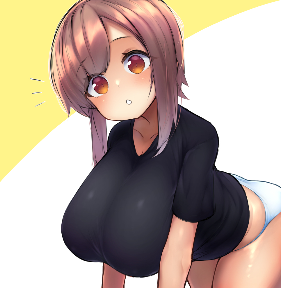 :o, all fours, black shirt, blush, breasts, brown eyes, brown hair, collarbone, curvy, female, hanging breasts, head tilt, huge breasts, looking at viewer, no pants, original, panties, parted lips, shiny, shiny skin, shirt, short hair, short sleeves, shortstack, simple background, solo, t-shirt, teeth, thighs, two-tone background, underwear, watari1118, white background, white panties, yellow background