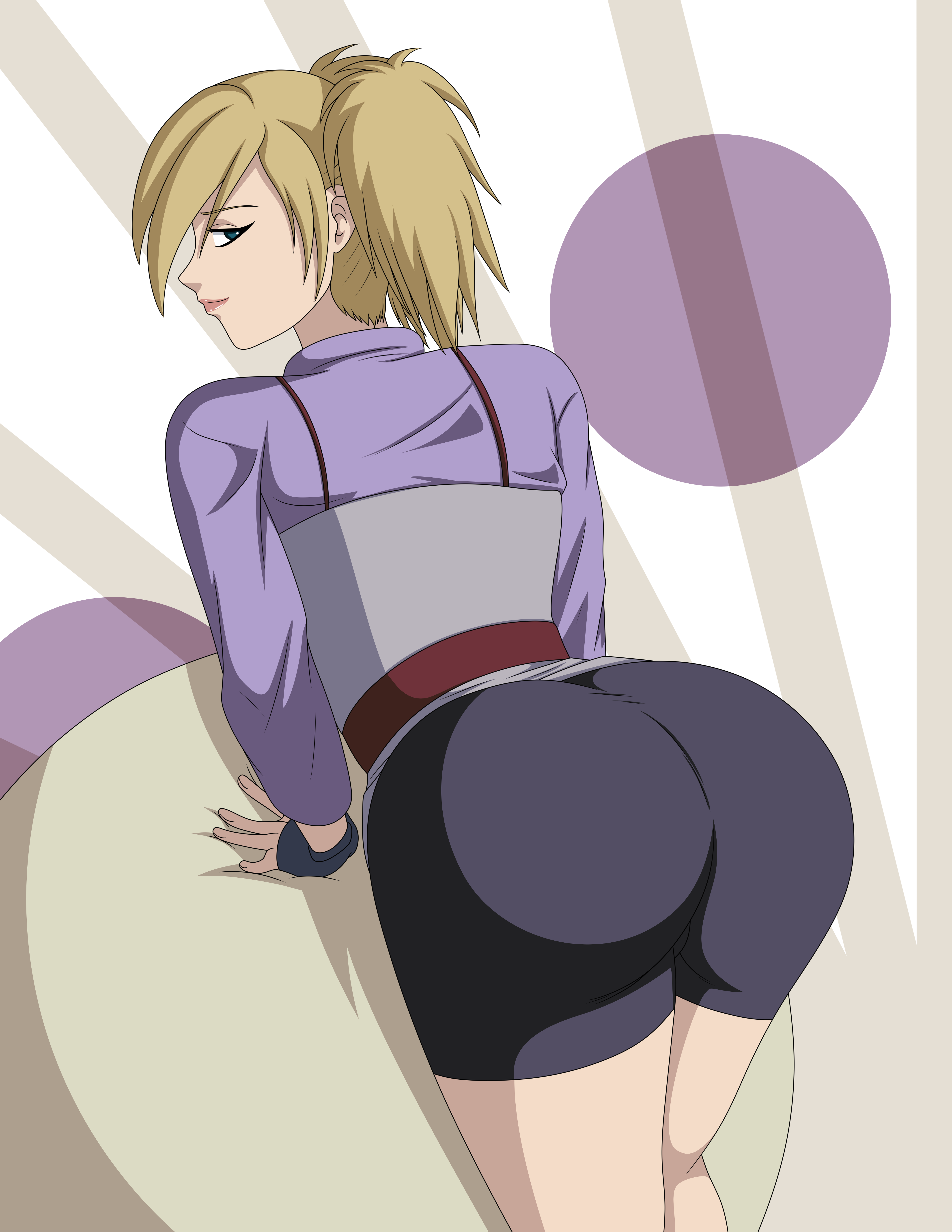 1girls, ass, behind view, bent over, bike shorts, blonde female, blonde hair, bubble ass, bubble butt, clothed, clothed female, clothes, clothing, elmonais, female, female only, fingerless gloves, folding fan, fully clothed, green eyes, looking at viewer, looking back, naruto, naruto (series), naruto: the last, posing, short shorts, shorts, solo, temari, twintails