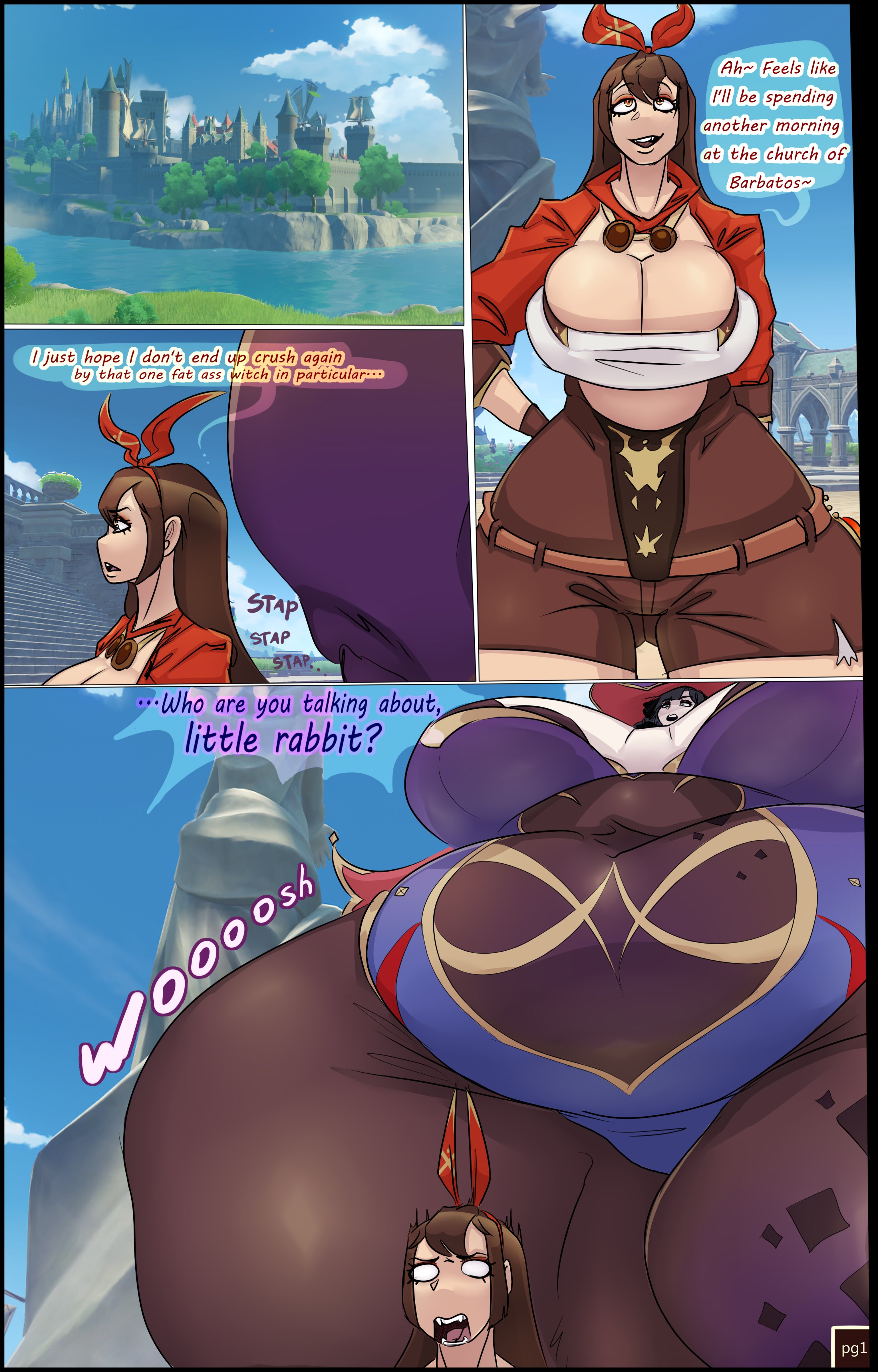 2girls, amber (genshin impact), ass, breasts, breasts bigger than body, breasts bigger than head, breasts bigger than torso, chubby, comic, enormous breasts, female, genshin impact, giantess, gigantic breasts, huge ass, huge breasts, hyper, hyper breasts, hyper thighs, long hair, massive breasts, mona (genshin impact), shocked, tagme, text, thick thighs, ujanskiy, wide hips