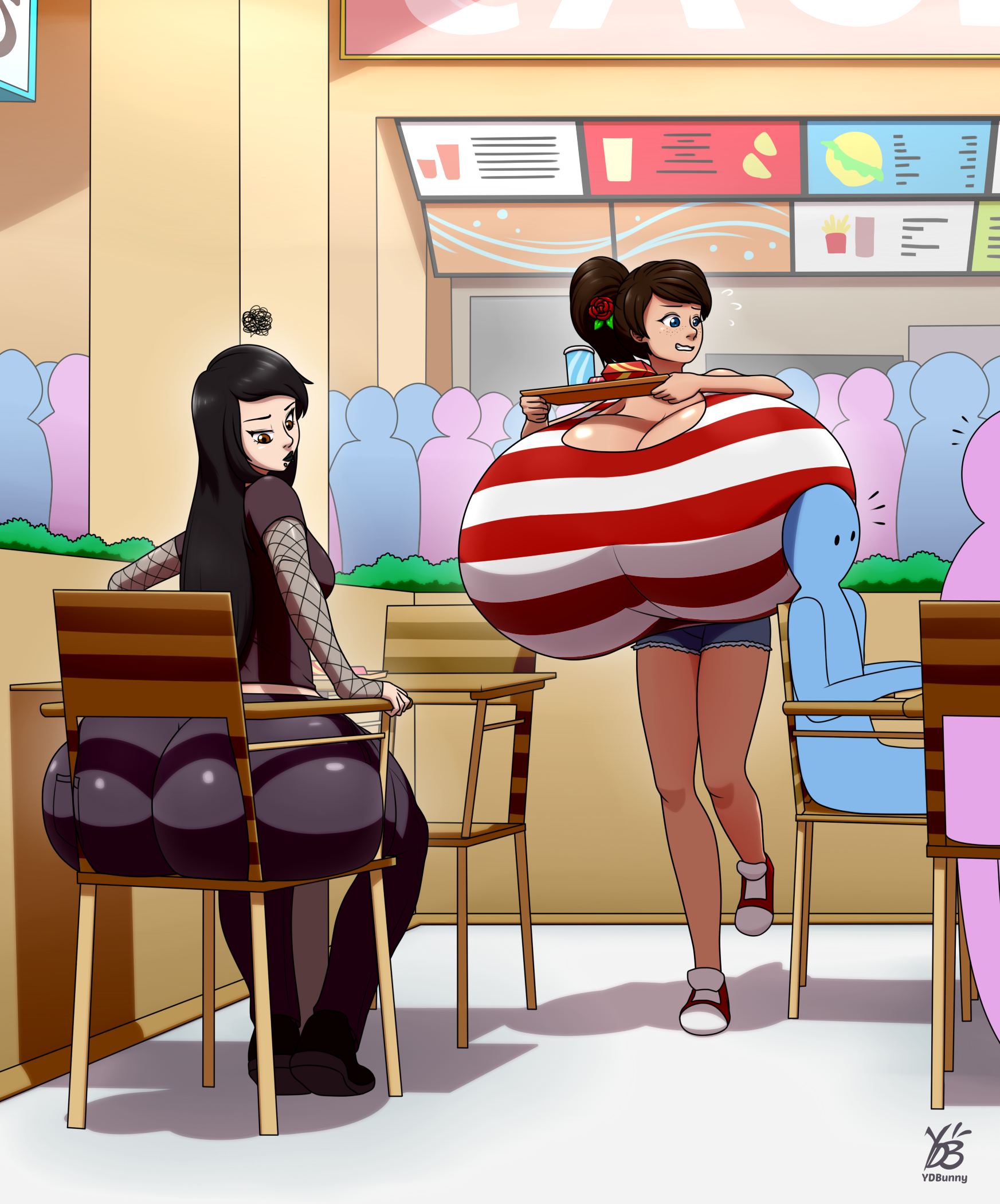 2girls, ass, ass bigger than head, big ass, big breasts, breasts, breasts bigger than head, breasts bigger than torso, enormous ass, enormous breasts, fast food, fat ass, female, gigantic ass, gigantic breasts, goth, goth girl, huge ass, huge breasts, hyper, hyper ass, hyper breasts, inconvenient ass, inconvenient breasts, long hair, looking back, massive ass, massive breasts, striped, stripes, tagme, thick thighs, toni (whosthisguy), wide hips, ydbunny