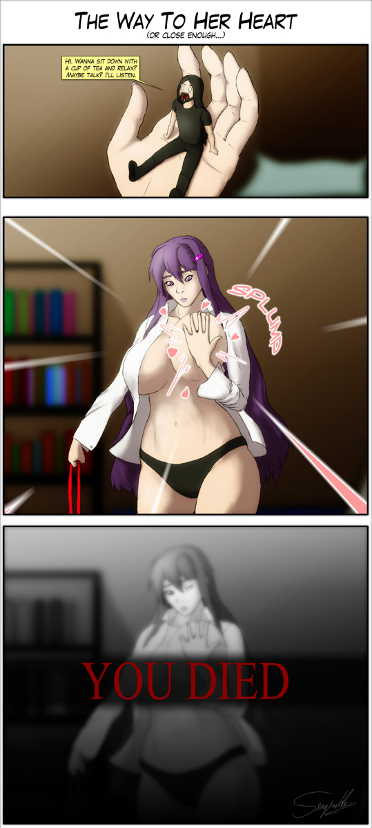 1boy 1girls beard big_breasts black_beard black_hair comic doki_doki_literature_club duo giantess heart holding_ribbon open_shirt panels pink_text purple_eyes purple_hair ribbon sergiroth short_comic size_difference text text_box tiny tiny_human tiny_male you_died yuri_(doki_doki_literature_club)