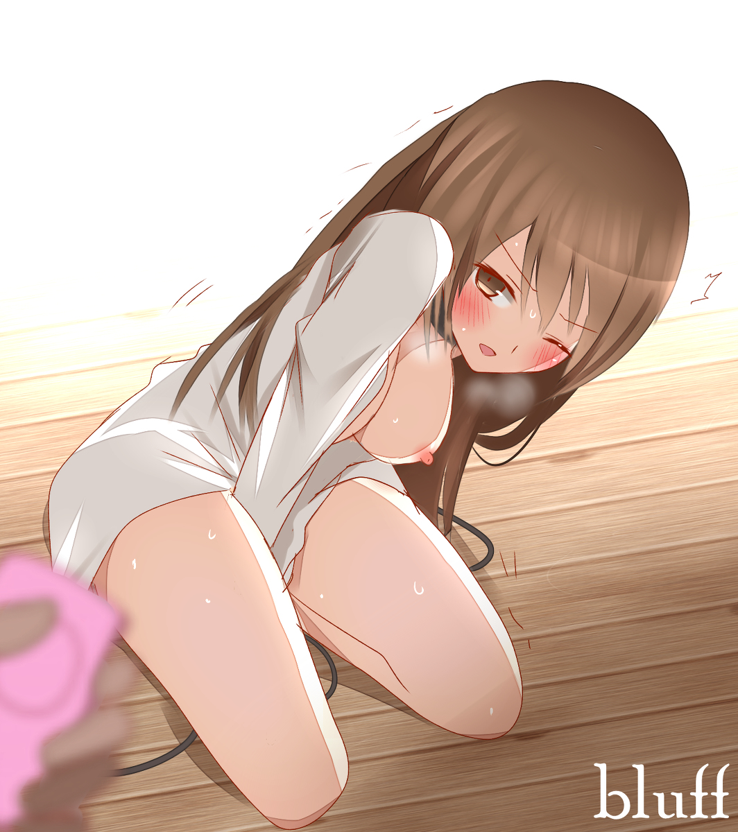 1girls, big breasts, blush, breasts, female, nipples, non (artist), offscreen character, open shirt, original, original character, remote control vibrator, submissive, vibrator