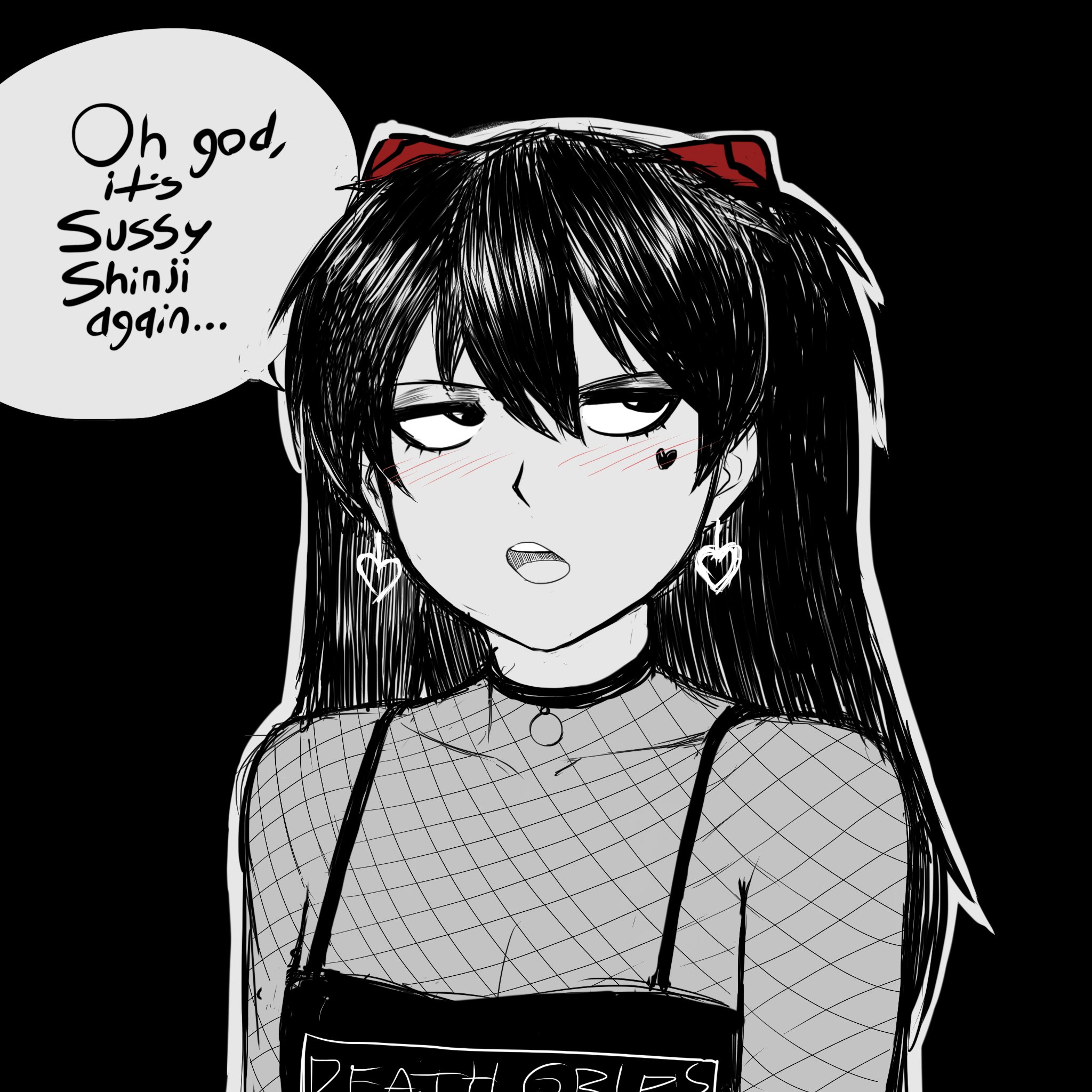 1girls, asuka langley sohryu, black hair, blush, bored, dbagdraws, dialogue, dyed hair, female, female only, fluffyearedfox, fully clothed, goth, goth asuka, goth girl, heart, neon genesis evangelion, solo, speech bubble, text, twintails