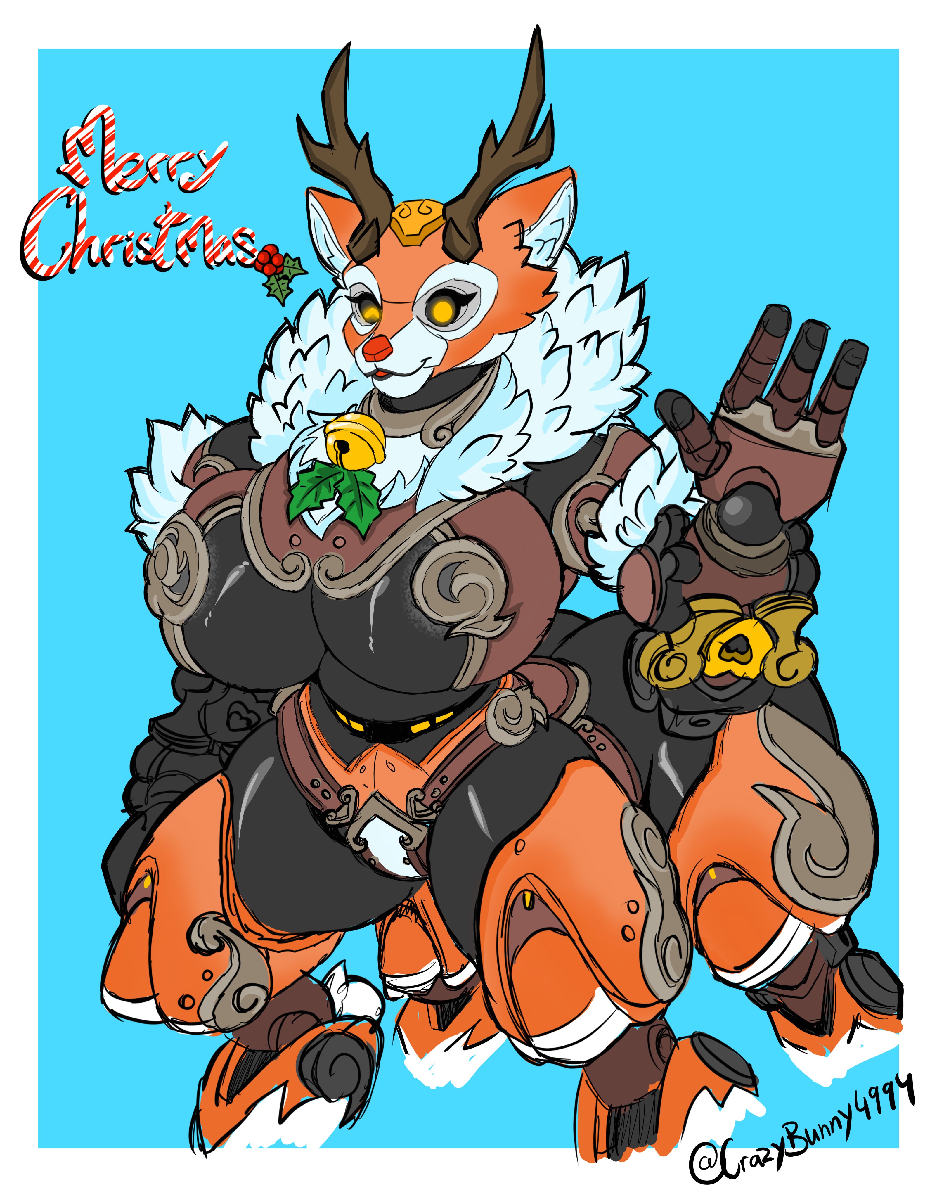 2d, ass, blizzard entertainment, bra, breasts, christmas, christomwow, female, omnic, orisa, overwatch, reindeer orisa, robot, waving at viewer, waving hand, winking, winking at viewer, yellow eyes