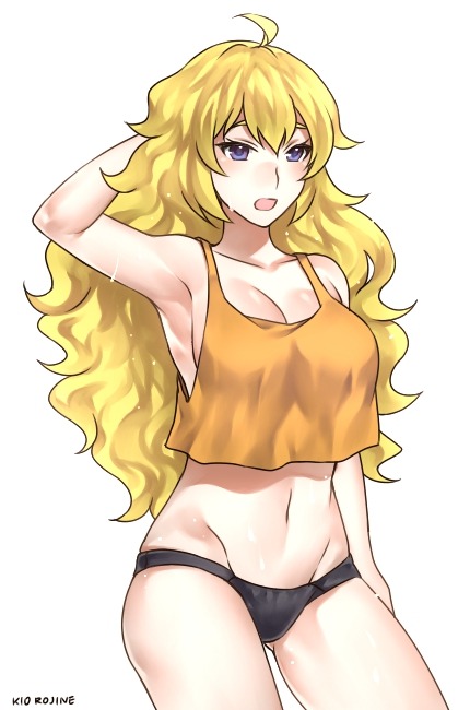 black panties, blonde female, blonde hair, female, female only, kio rojine, long hair, no pants, purple hair, rwby, solo, standing, susukarasu, tagme, tank top, very long hair, yang xiao long