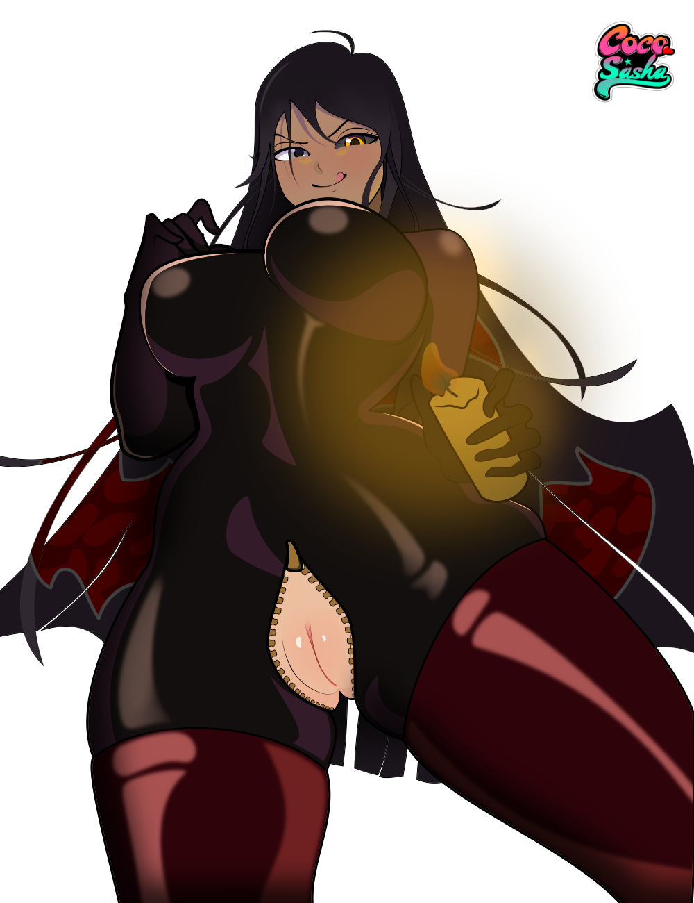 2021 babalon_(tokyo_afterschool_summoners) black_hair black_sclera candle candle_wax cocosashax commission different_eye_color digital_media_(artwork) exposed_pussy female female_only femdom grey_eyes latex latex_bodysuit tokyo_afterschool_summoners tongue_out yellow_eyes