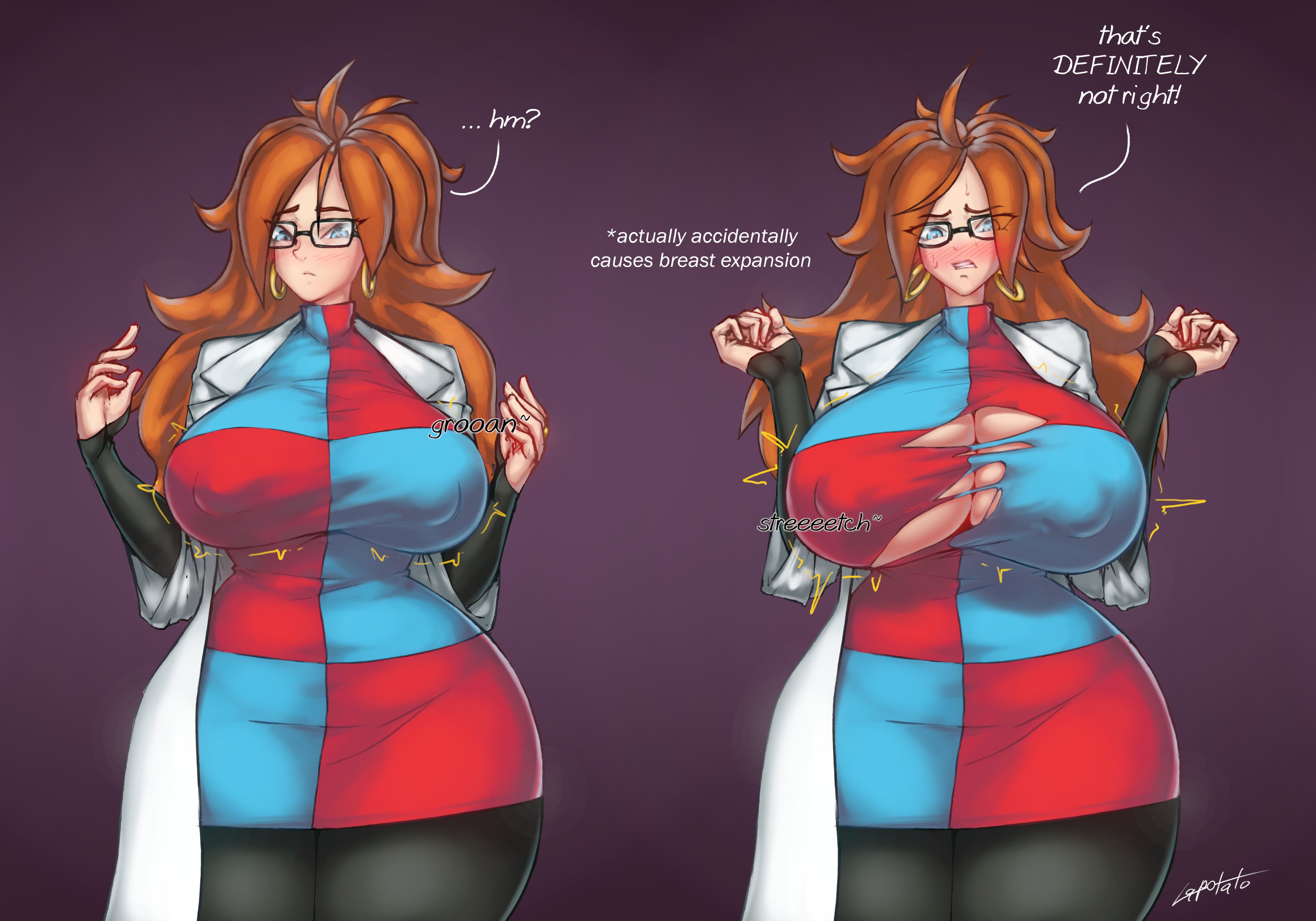 1girls, android 21, android 21 (human), big breasts, blue eyes, blush, breast expansion, breast growth, breast growth (enlargement), breasts, cleavage, clothed, clothing, dialogue, dragon ball, dragon ball fighterz, drinking, ear piercing, earrings, english text, female, female only, glasses, huge breasts, lapotato8, nipple bulge, ring, ripped clothes, ripped clothing, shounen jump, simple background, solo, solo female, text, thick thighs, voluptuous, wide hips