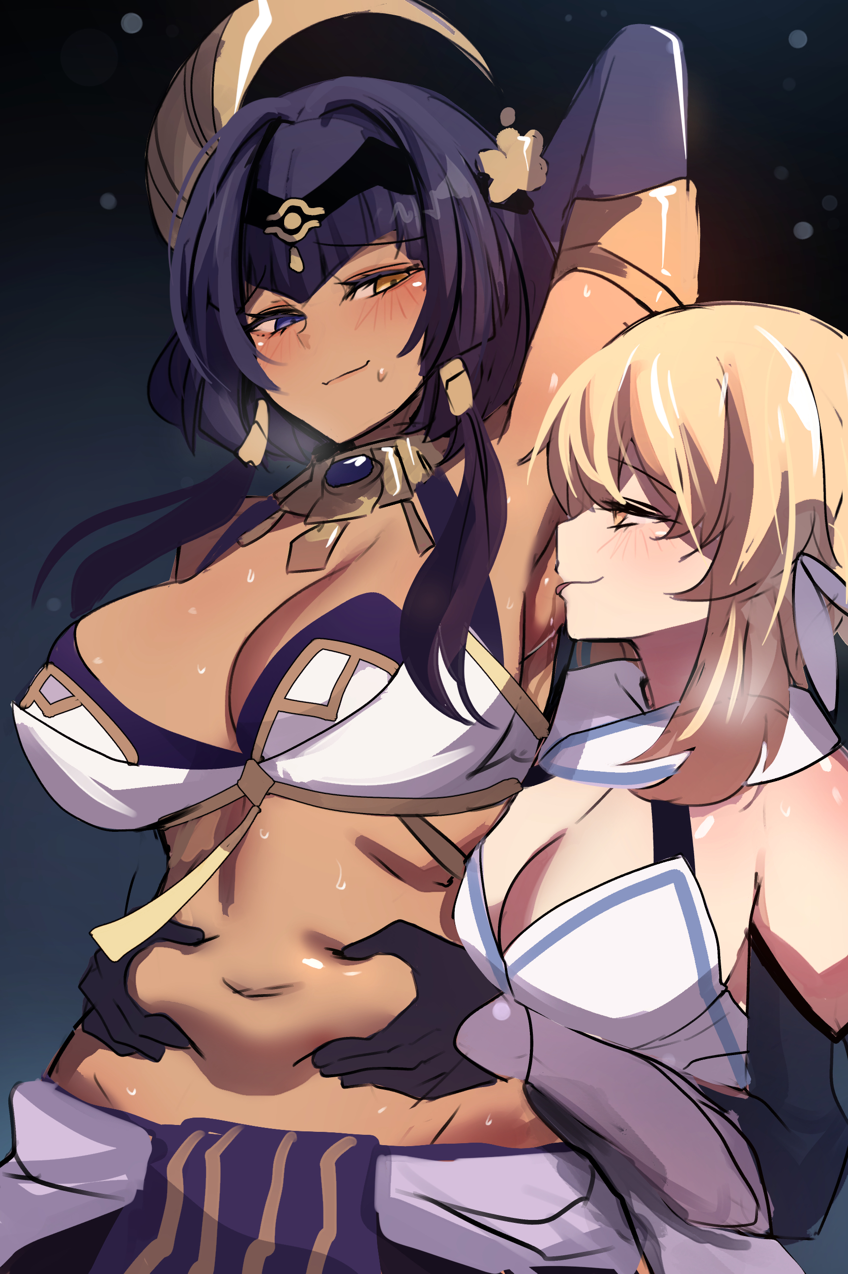 arm up, armpit fetish, armpits, belly grab, big breasts, blue hair, breasts, brown body, brown skin, candace (genshin impact), female, female focus, female only, genshin impact, hinghoi, licking, licking armpit, long hair, lumine (genshin impact), nude, nude female, simple background, slightly chubby, tongue, twintails, yuri