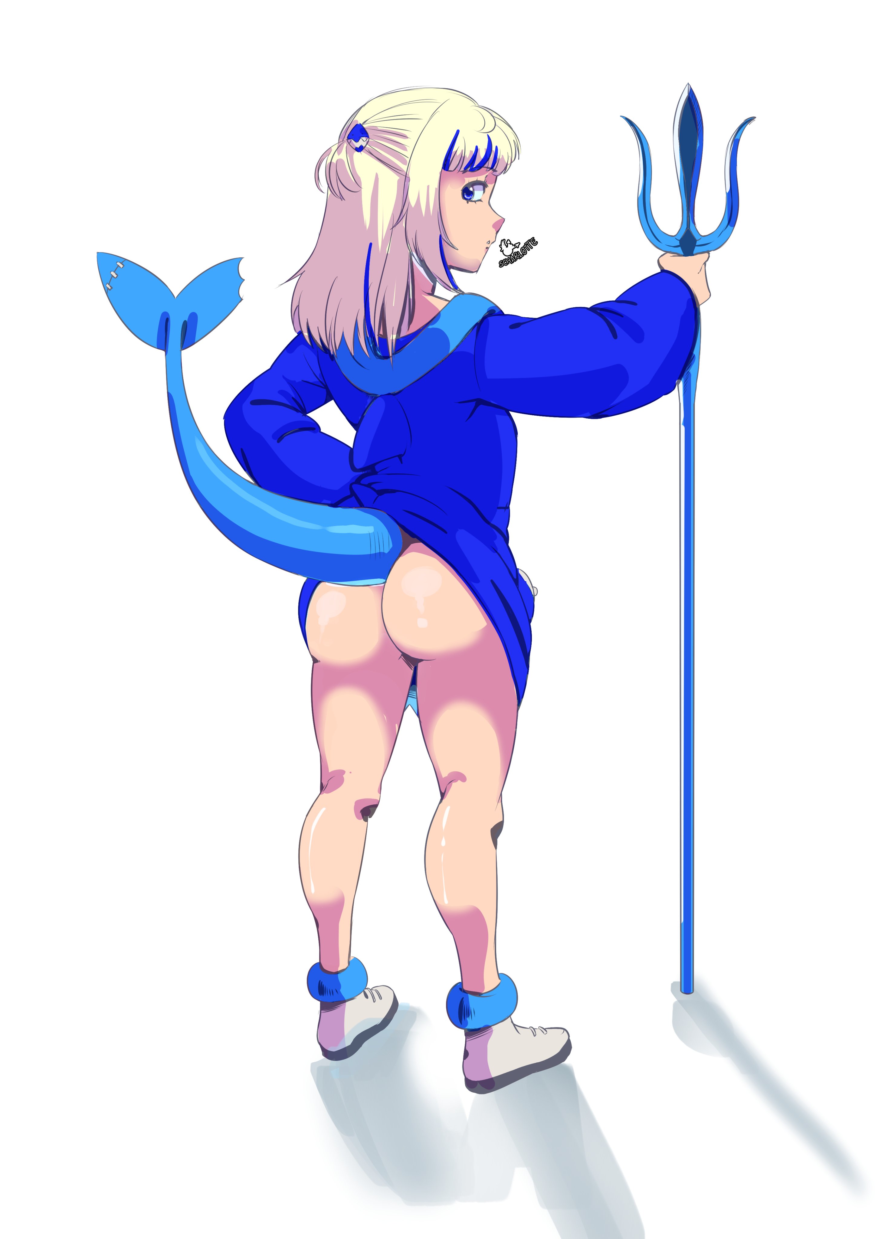 1girls, ass, blue eyes, eye contact, female, female only, gawr gura, hololive, hololive english, hololive myth, looking at viewer, looking back, scharlottelambo, shark tail, short hair, smaller female, solo, standing, tail, virtual youtuber, white background, white hair